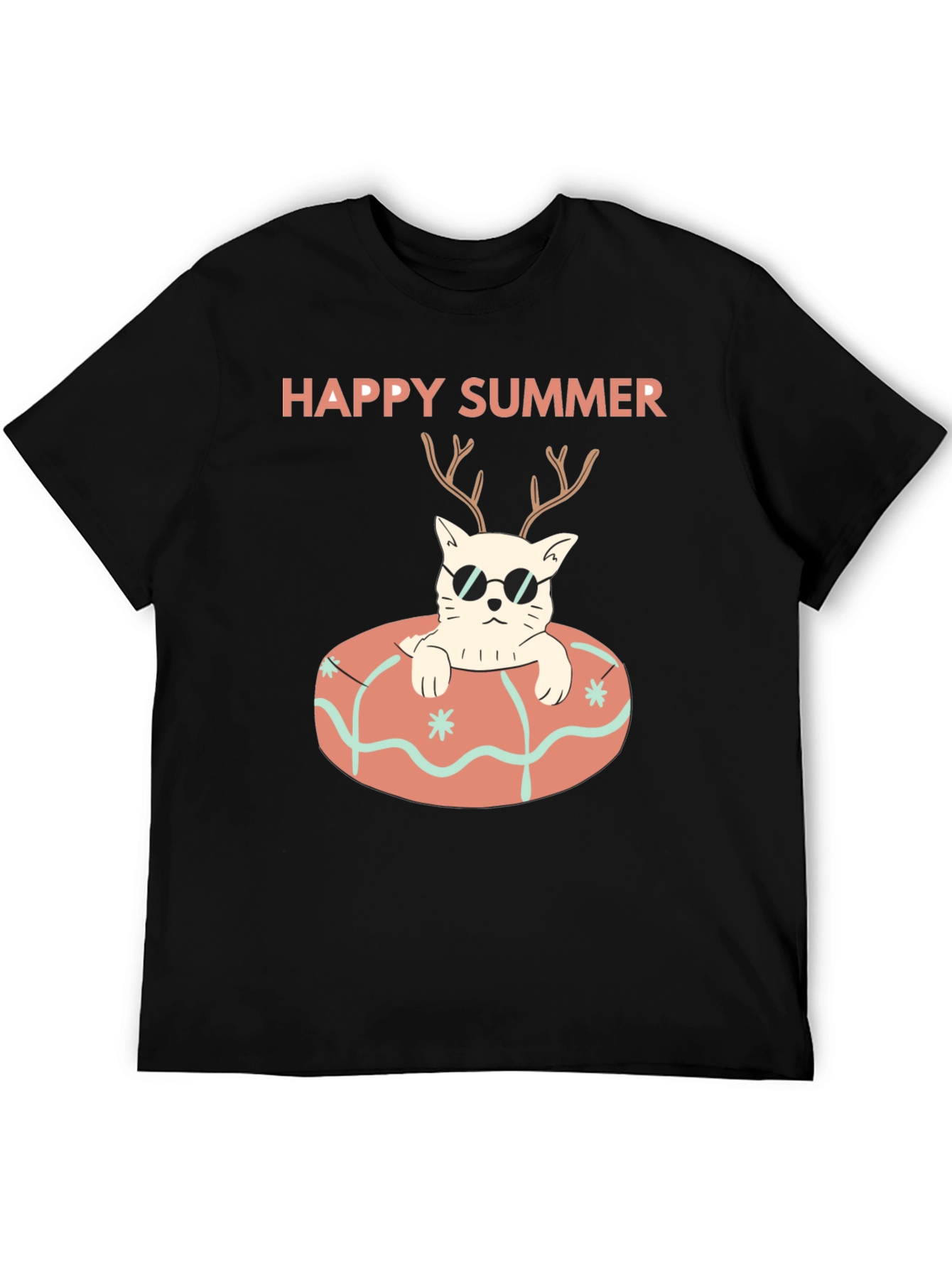 Black Happy Summer Cat T-Shirt - Black Graphic Tee view 5