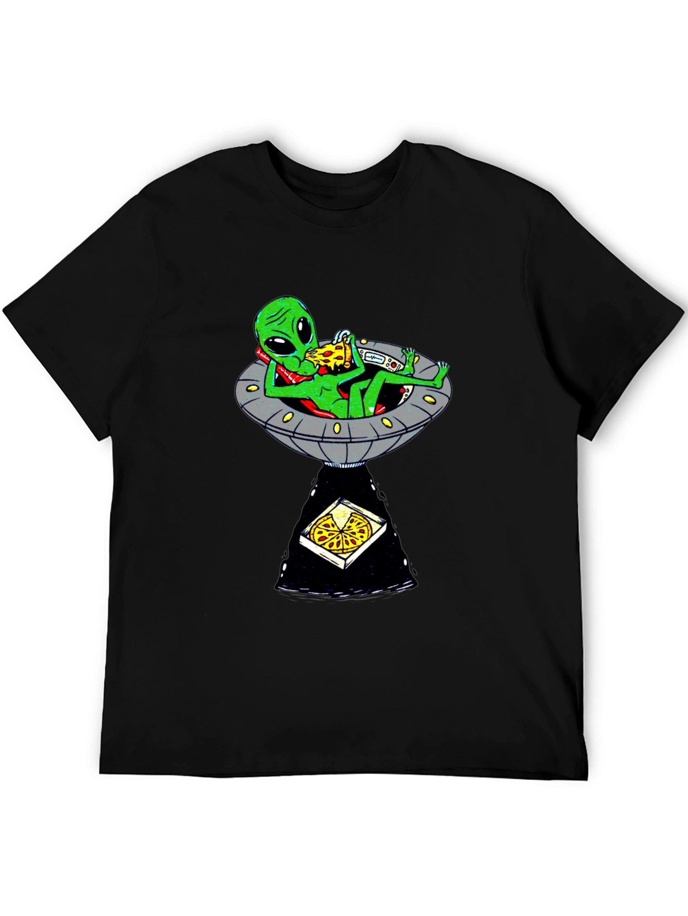 Black Alien Pizza UFO Graphic Tee - Black Cotton T-Shirt view 5
