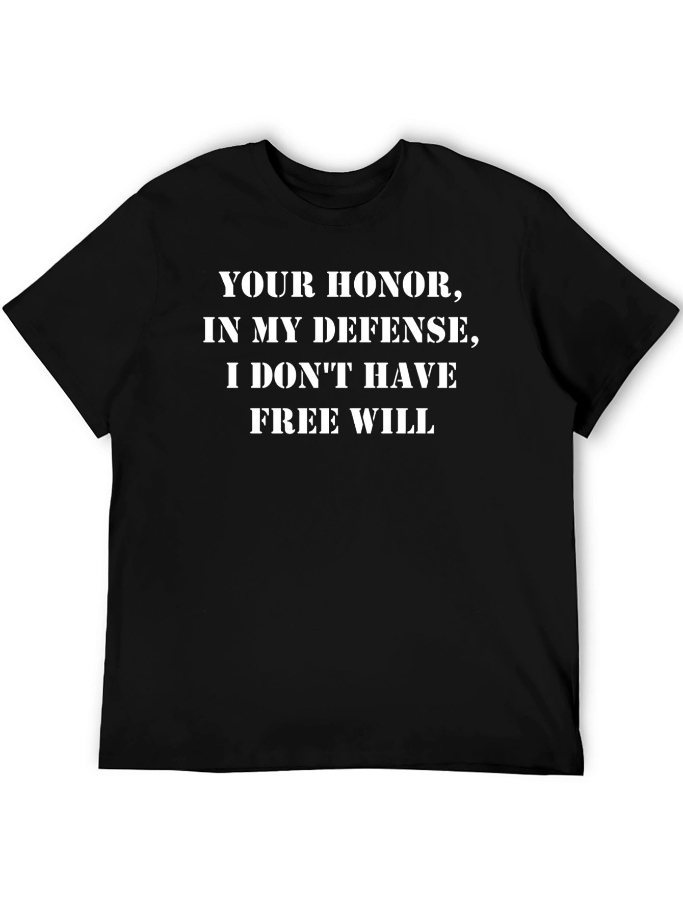 Black Funny Free Will Defense T-Shirt view 5