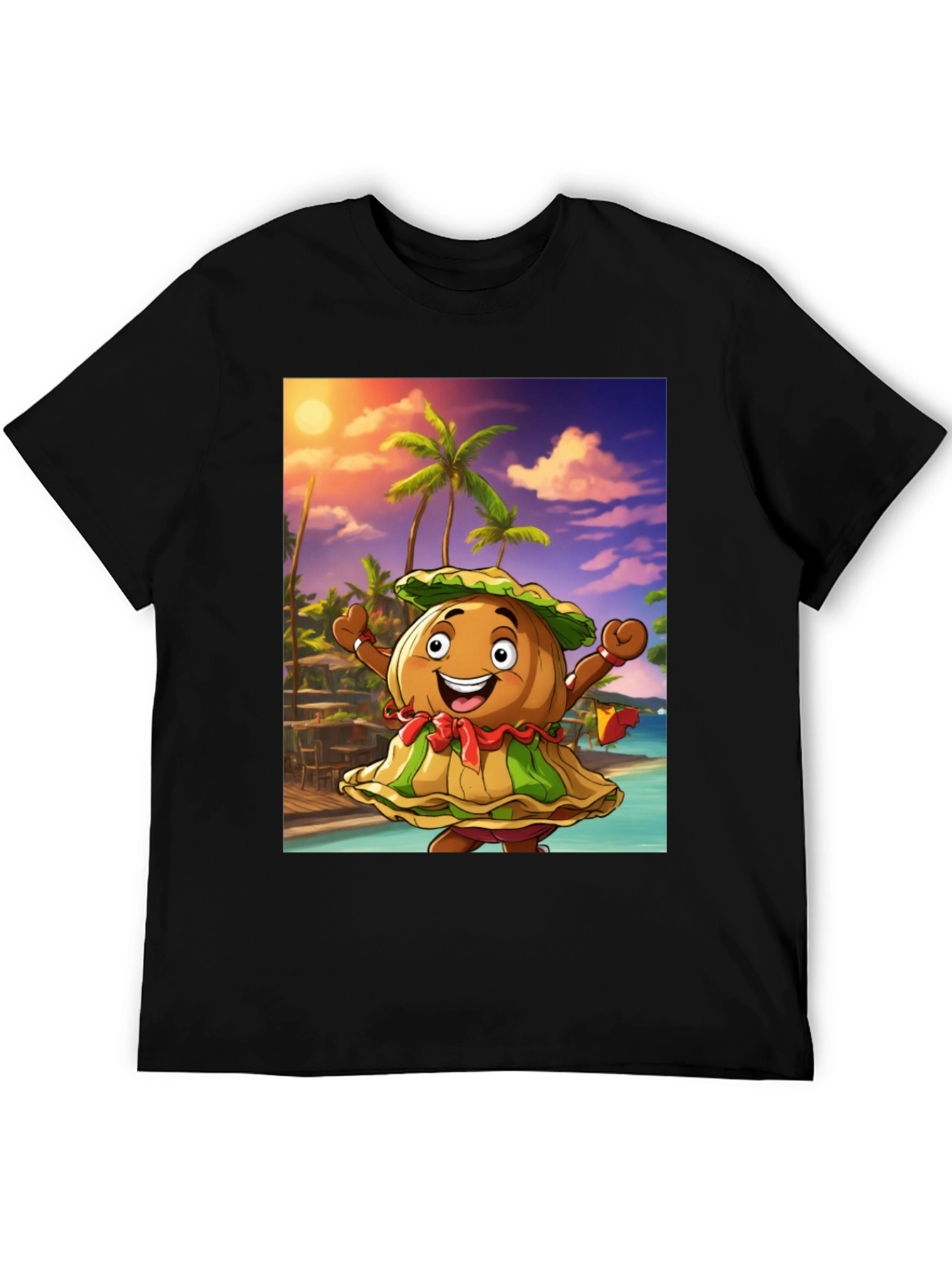 Black Tropical Cartoon Print Black T-Shirt view 5