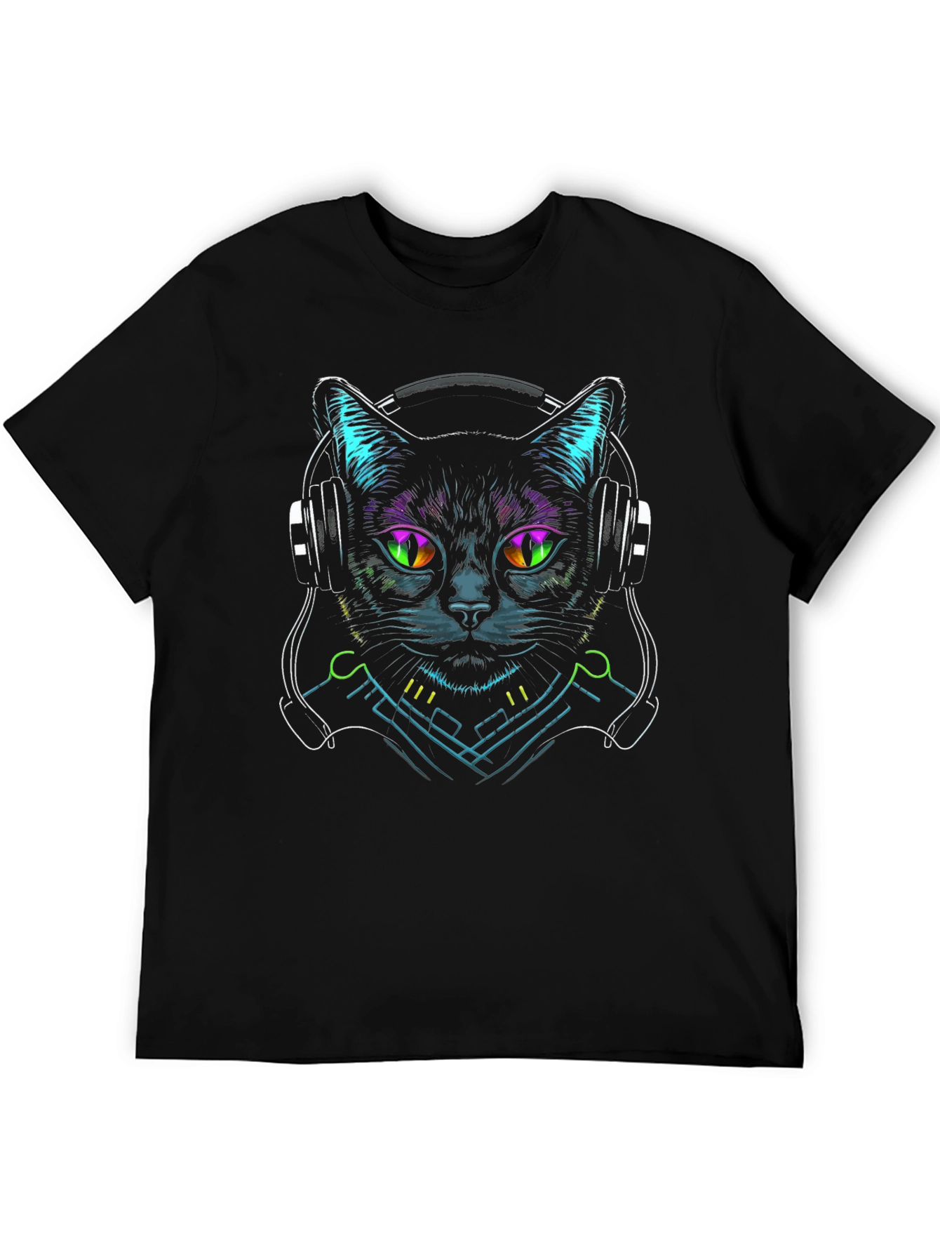 Black Cyberpunk Cat Headphone T-Shirt view 5