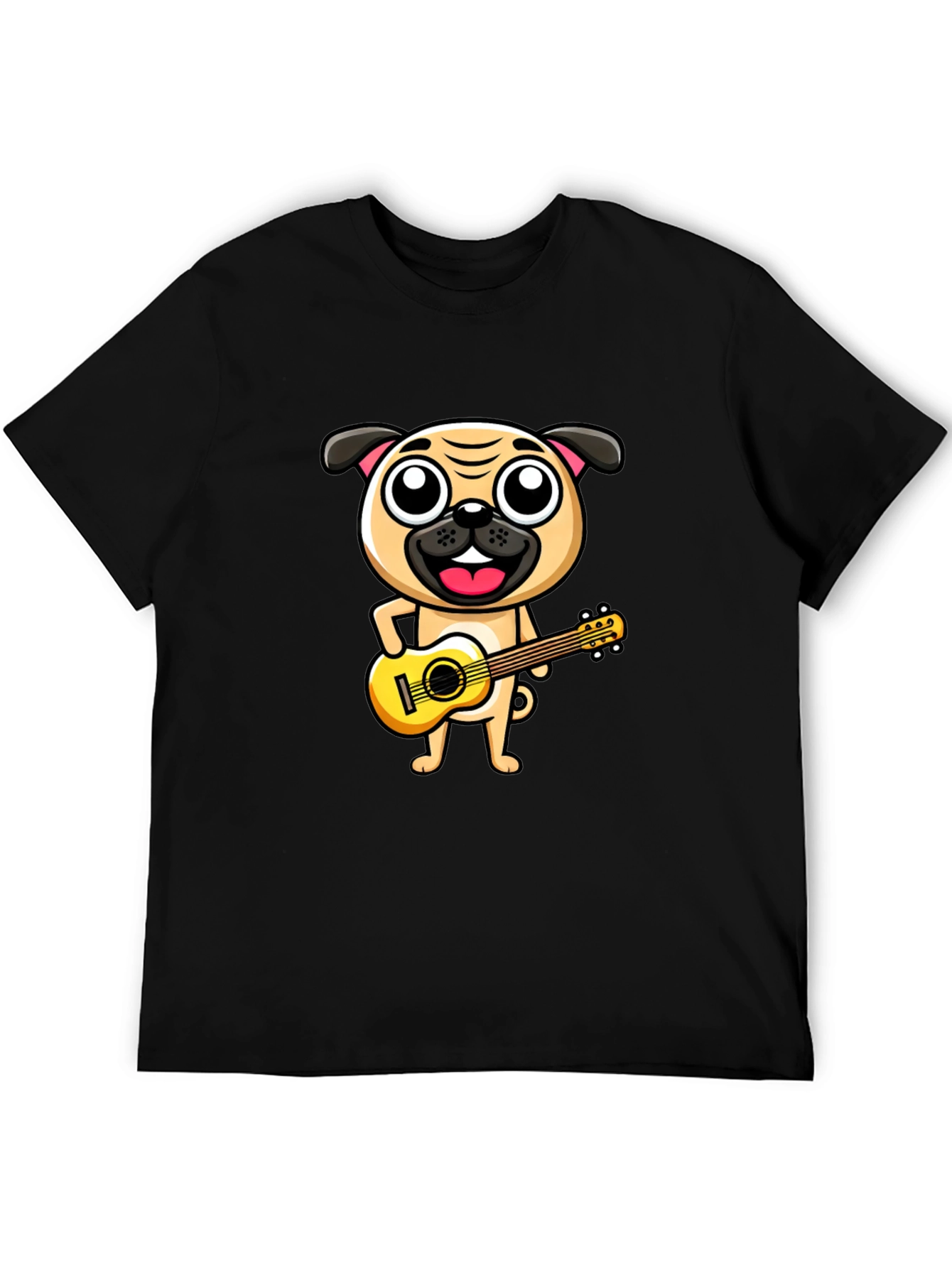 Black Pug Playing Guitar T-Shirt - Black Cotton Tee view 5