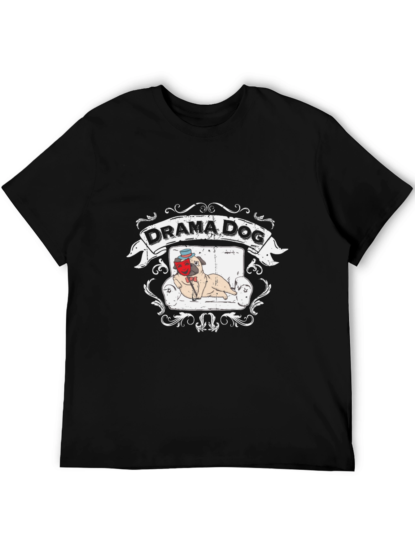 Black Drama Dog T-Shirt: Pug on Couch, Theatrical Design view 5