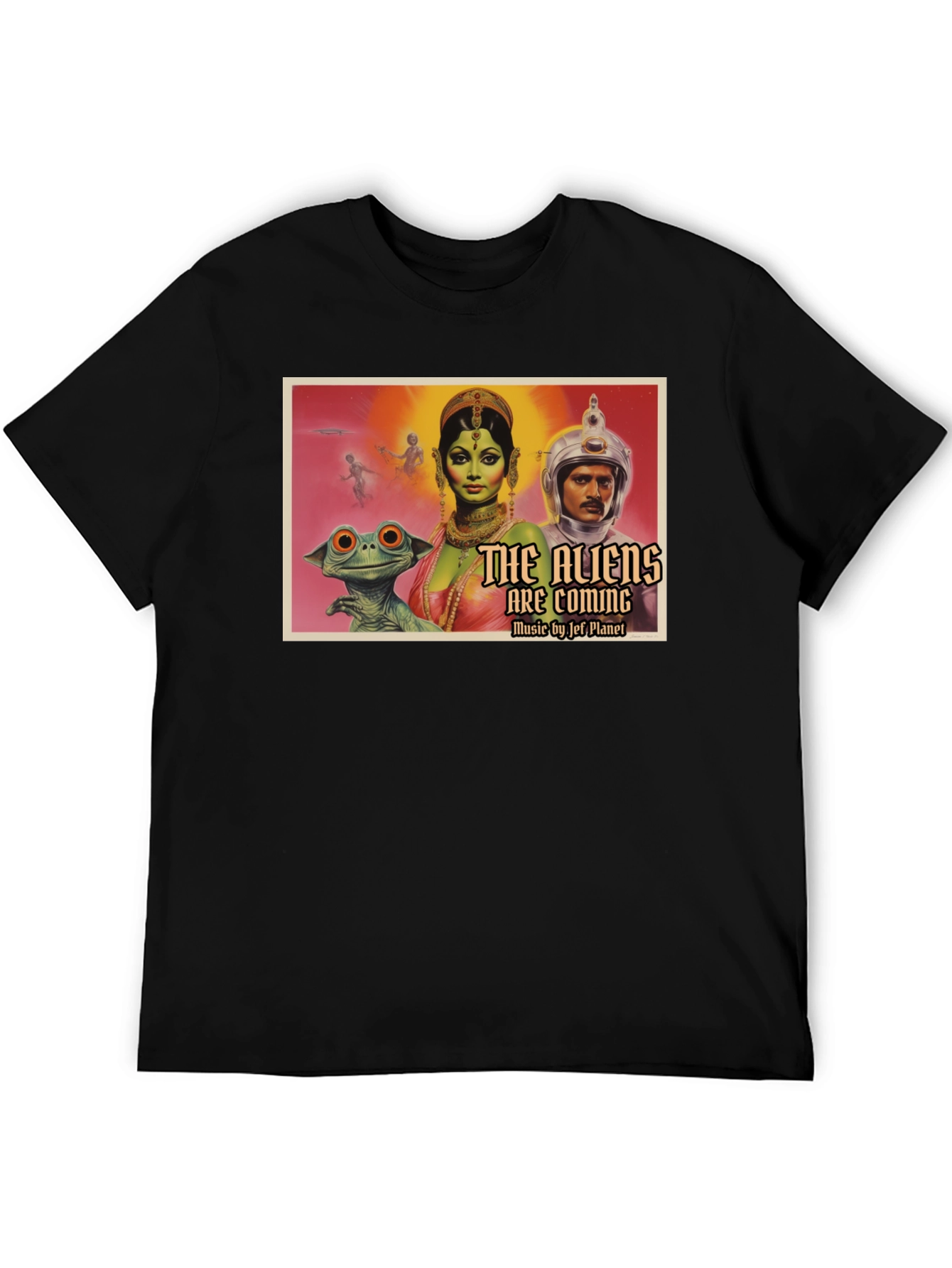 Black Retro Sci-Fi Alien Invasion Graphic T-Shirt view 5