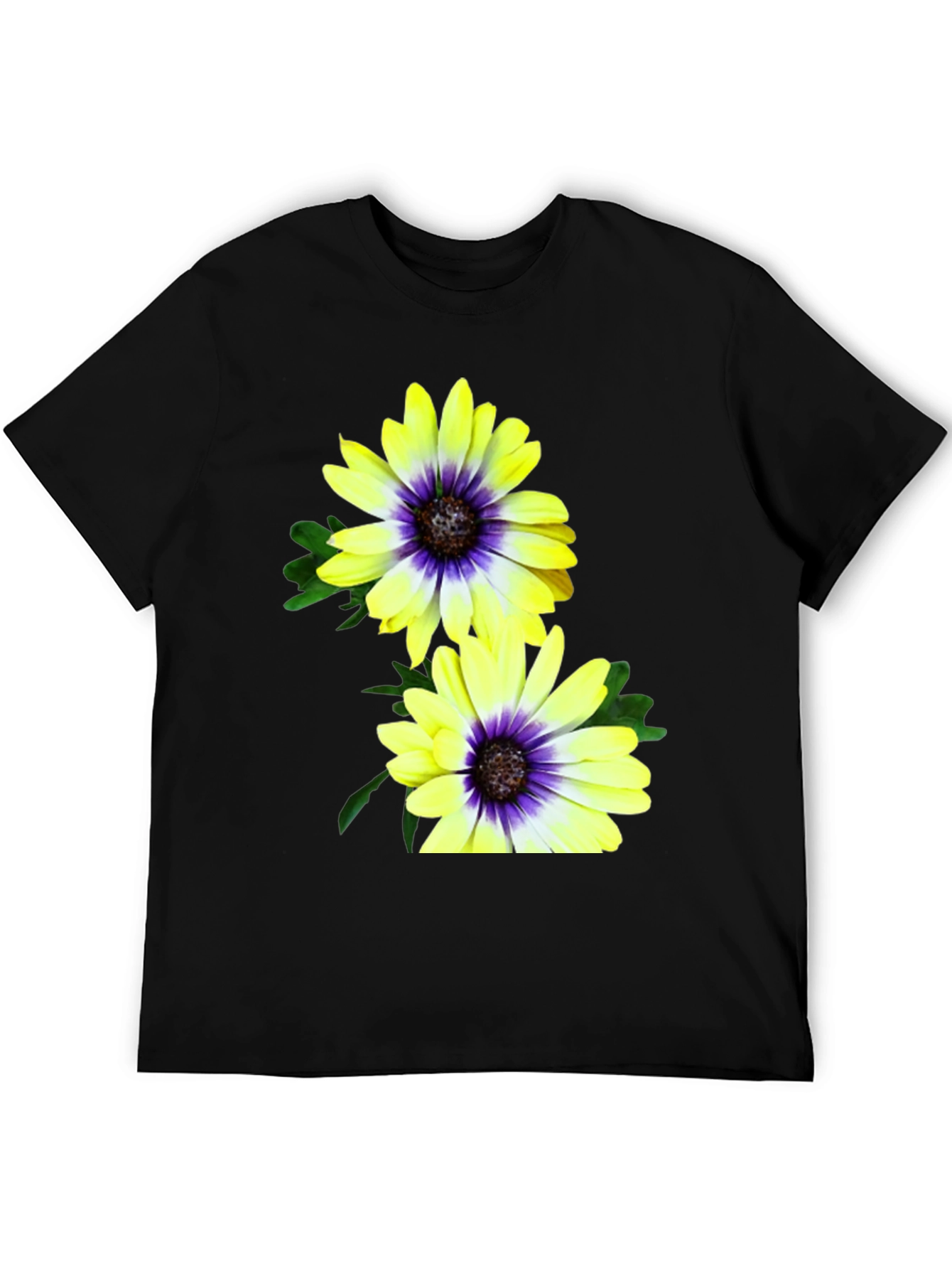 Black Floral T-Shirt: Yellow & Purple Daisy Print view 5