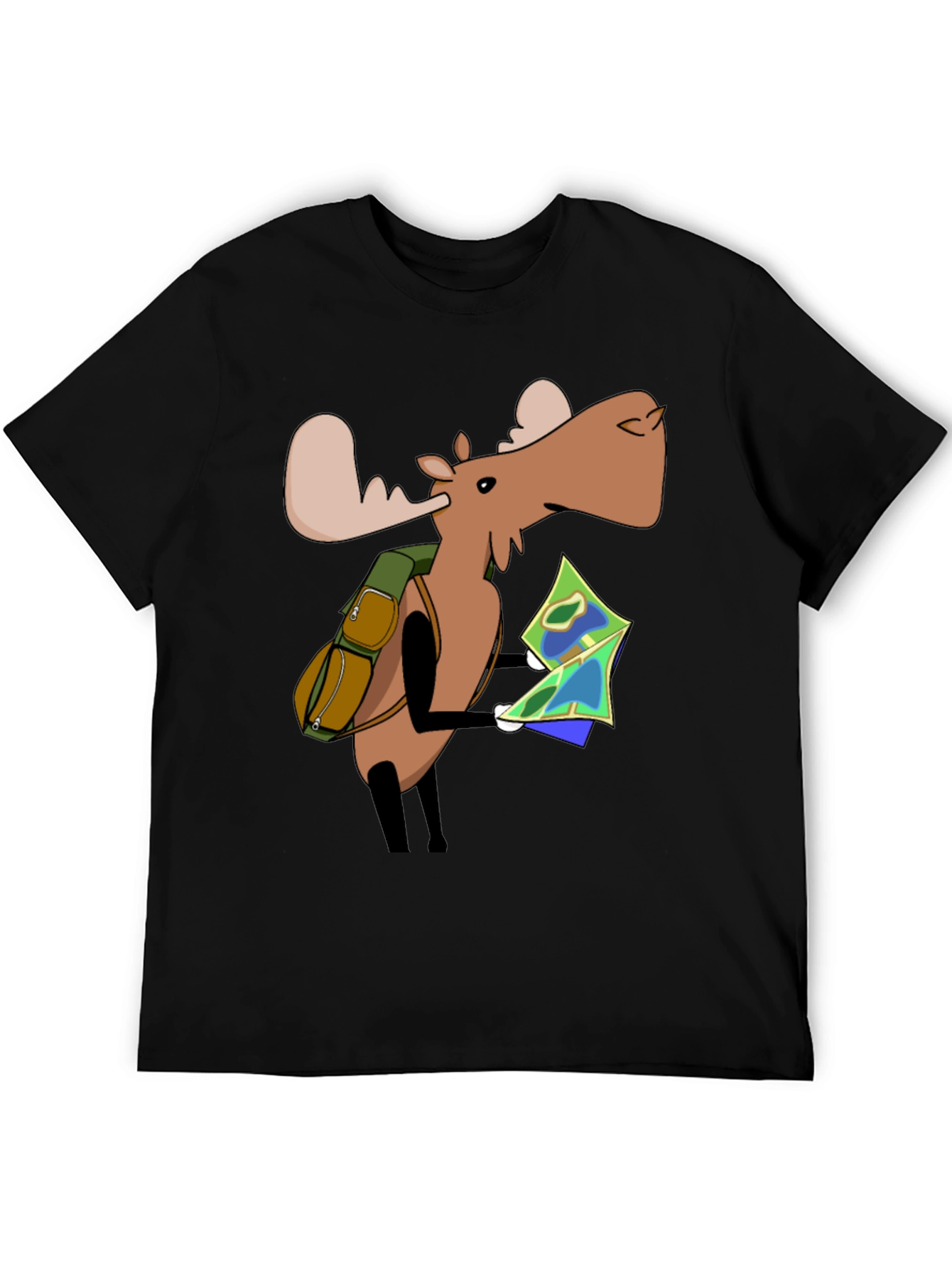 Black Cartoon Moose with Map T-Shirt - Black view 5