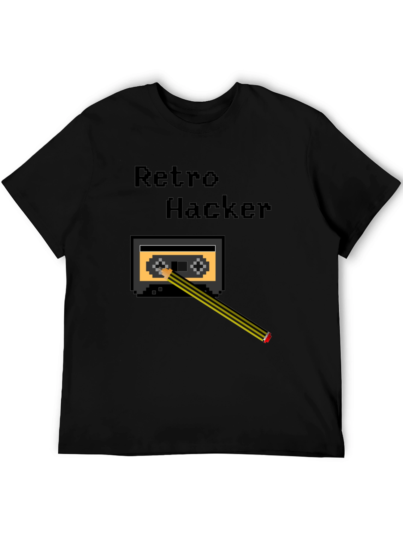 Black Retro Hacker Pixel Art T-Shirt - Cassette and Pencil Design view 5