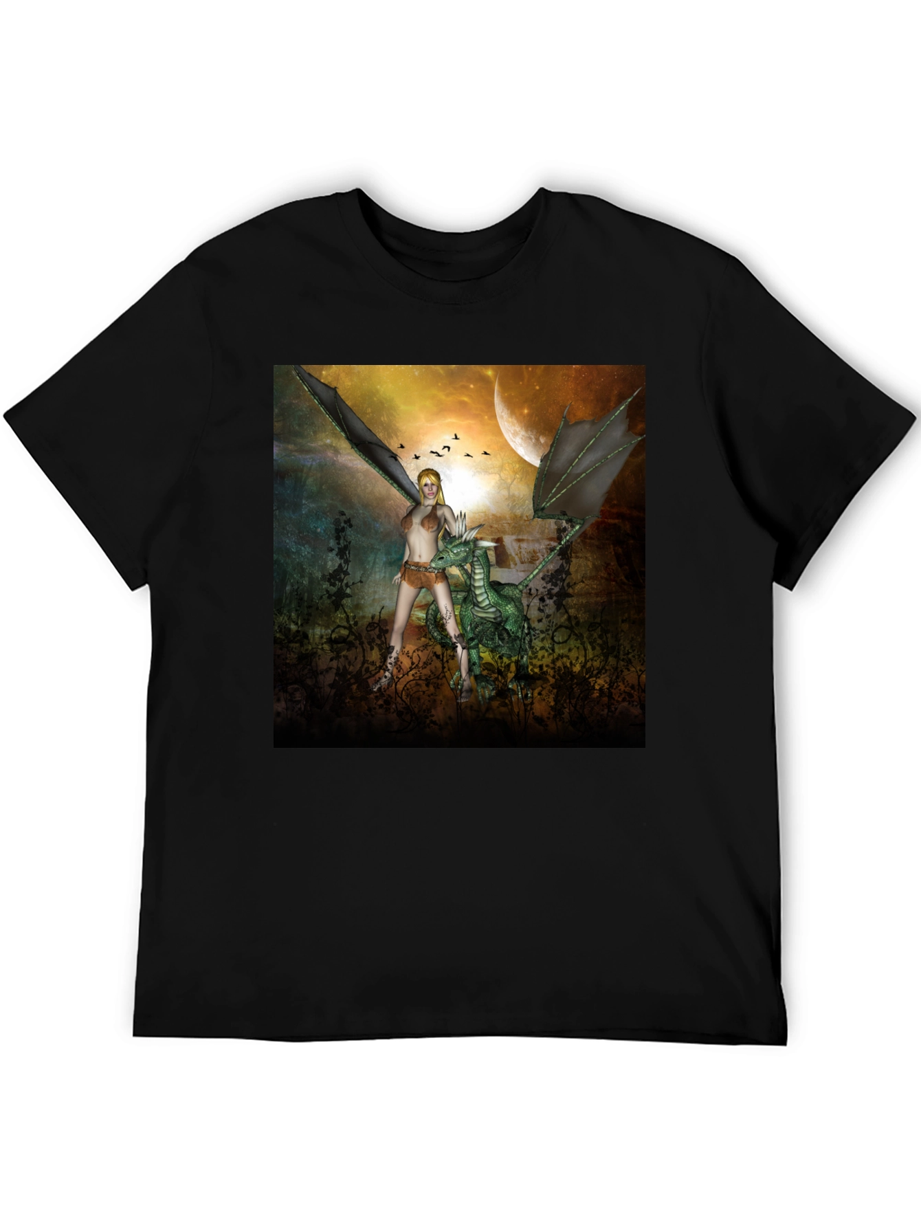 Black Fantasy Dragon & Warrior Graphic Tee view 5