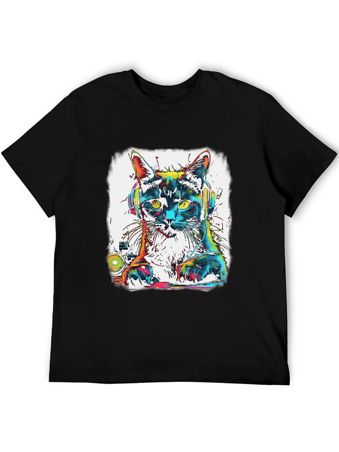 Black DJ Cat T-Shirt - Colorful Graphic Tee view 5