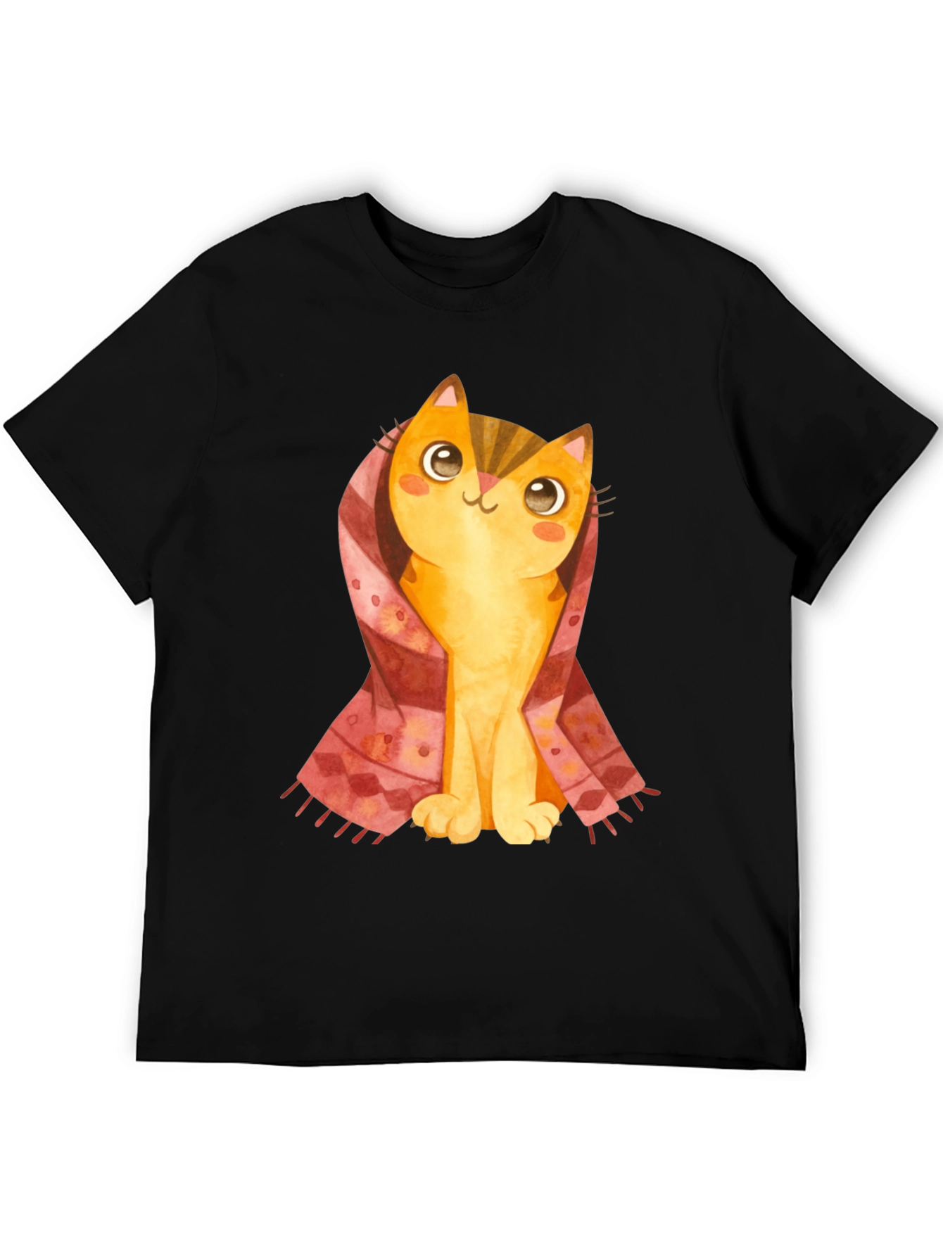 Black Cute Cartoon Cat in Scarf Black T-Shirt view 5