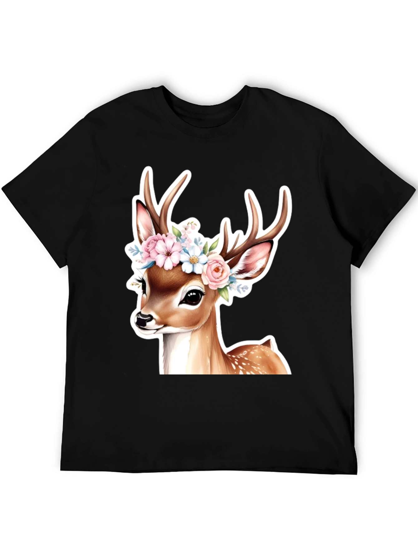 Black Deer Floral Crown Black T-Shirt view 5
