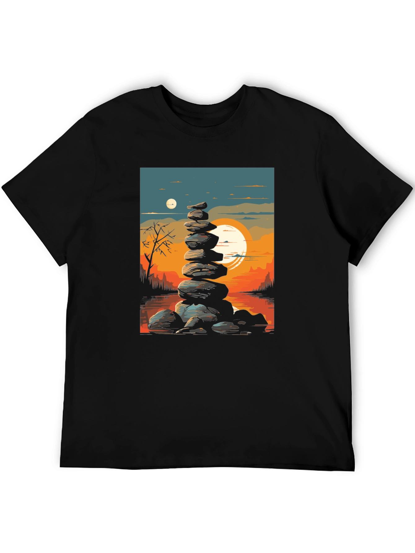 Black Zen Rock Stack T-Shirt - Sunset Landscape view 5