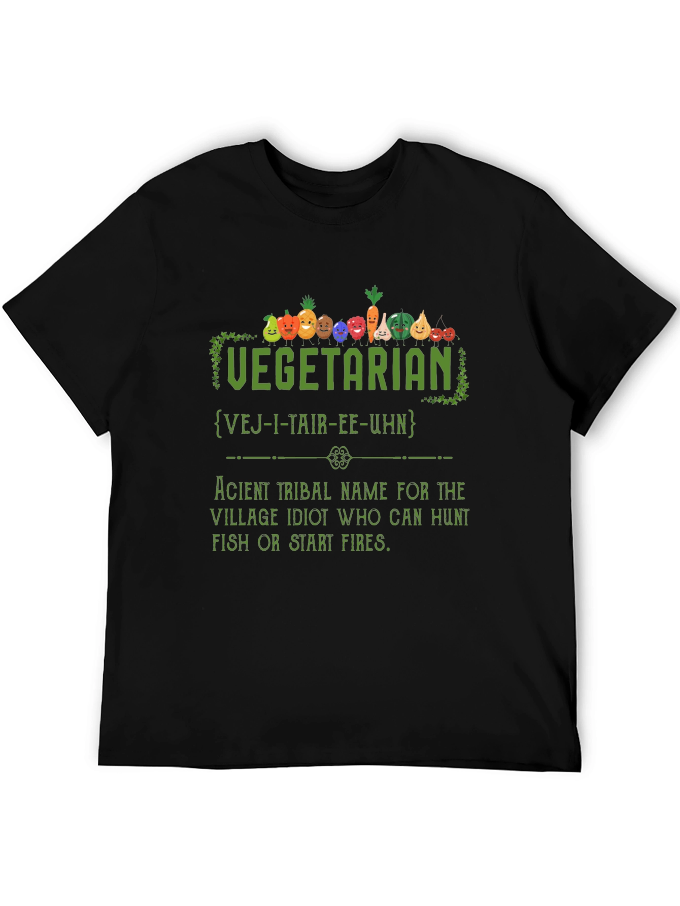 Black Vegetarian Village Idiot Funny Graphic T-Shirt view 5