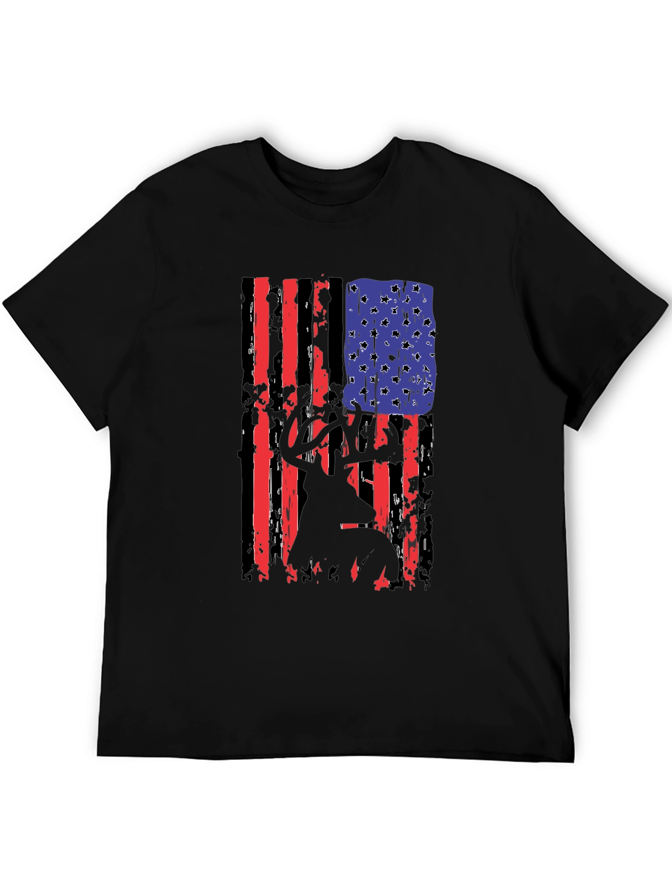 Black Distressed American Flag Deer Hunter T-Shirt view 5