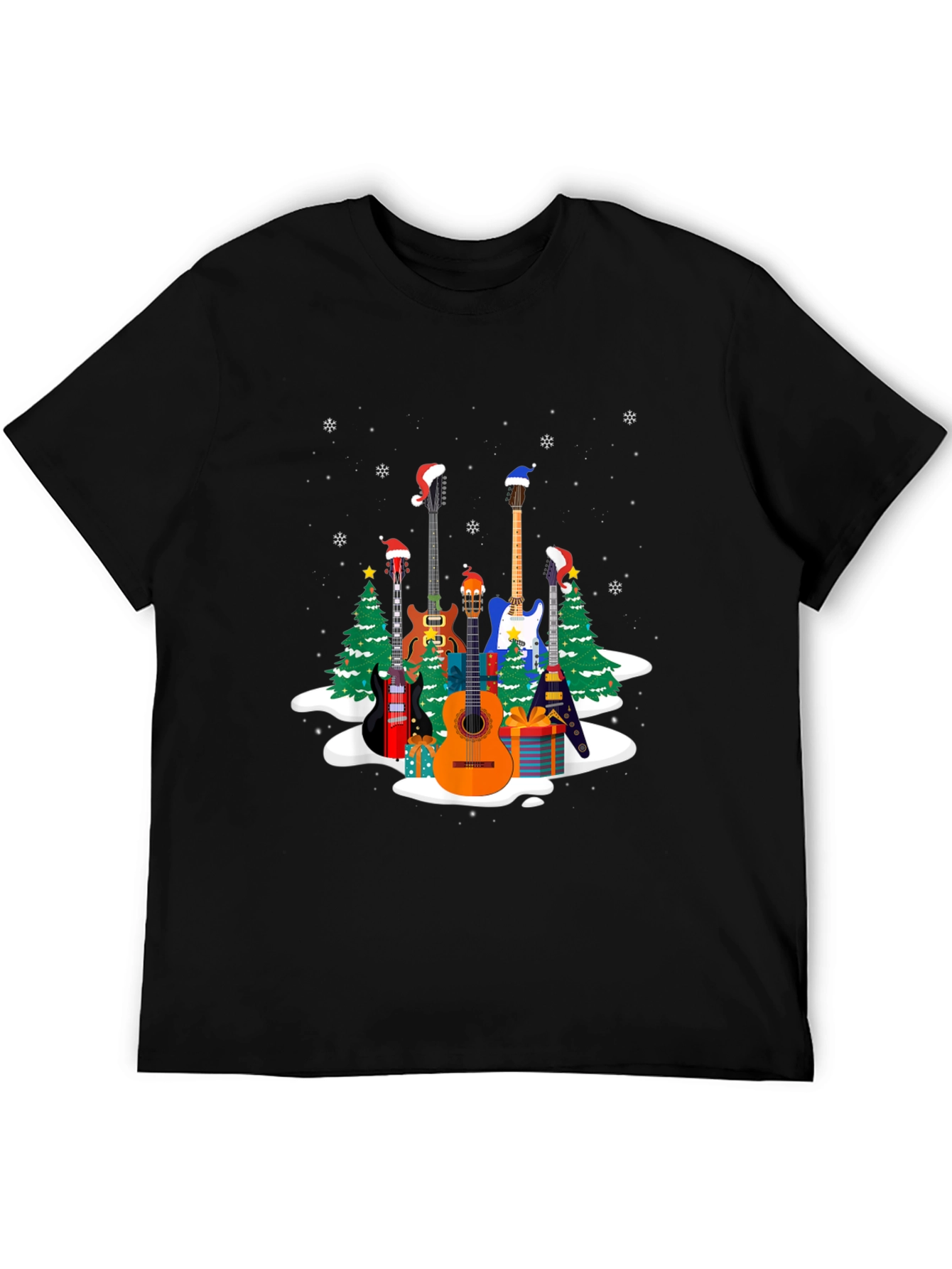 Black Festive Guitar Christmas T-Shirt view 5
