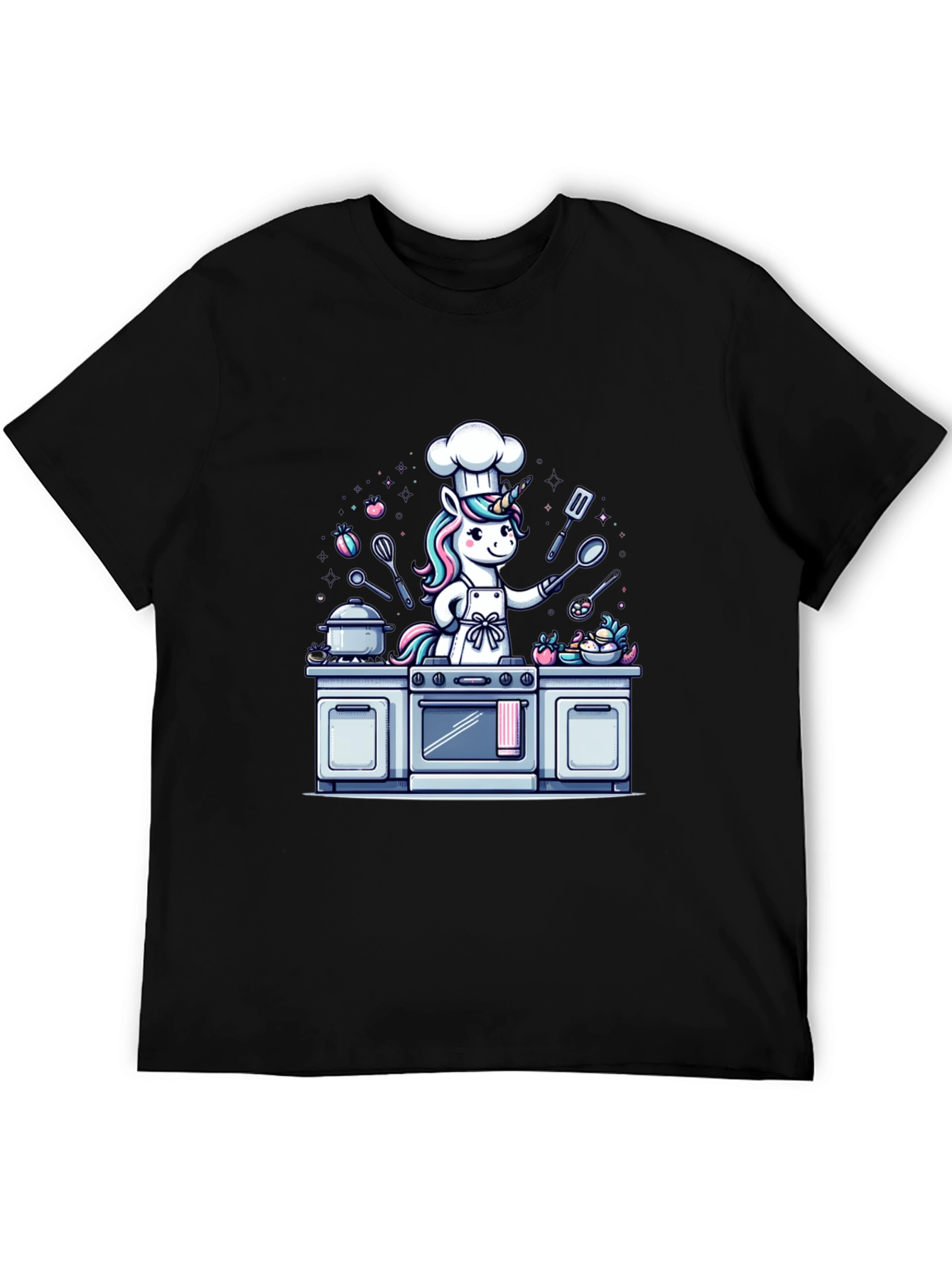 Black Unicorn Chef T-Shirt - Cartoon Graphic Tee view 5