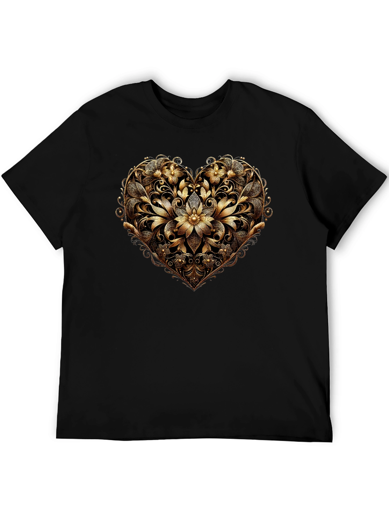 Black Golden Floral Heart Black T-Shirt view 5