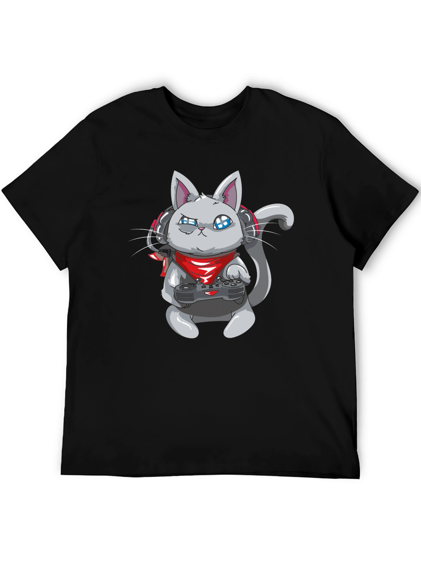 Black Gamer Cat Black T-Shirt - Gaming Cartoon Tee view 5