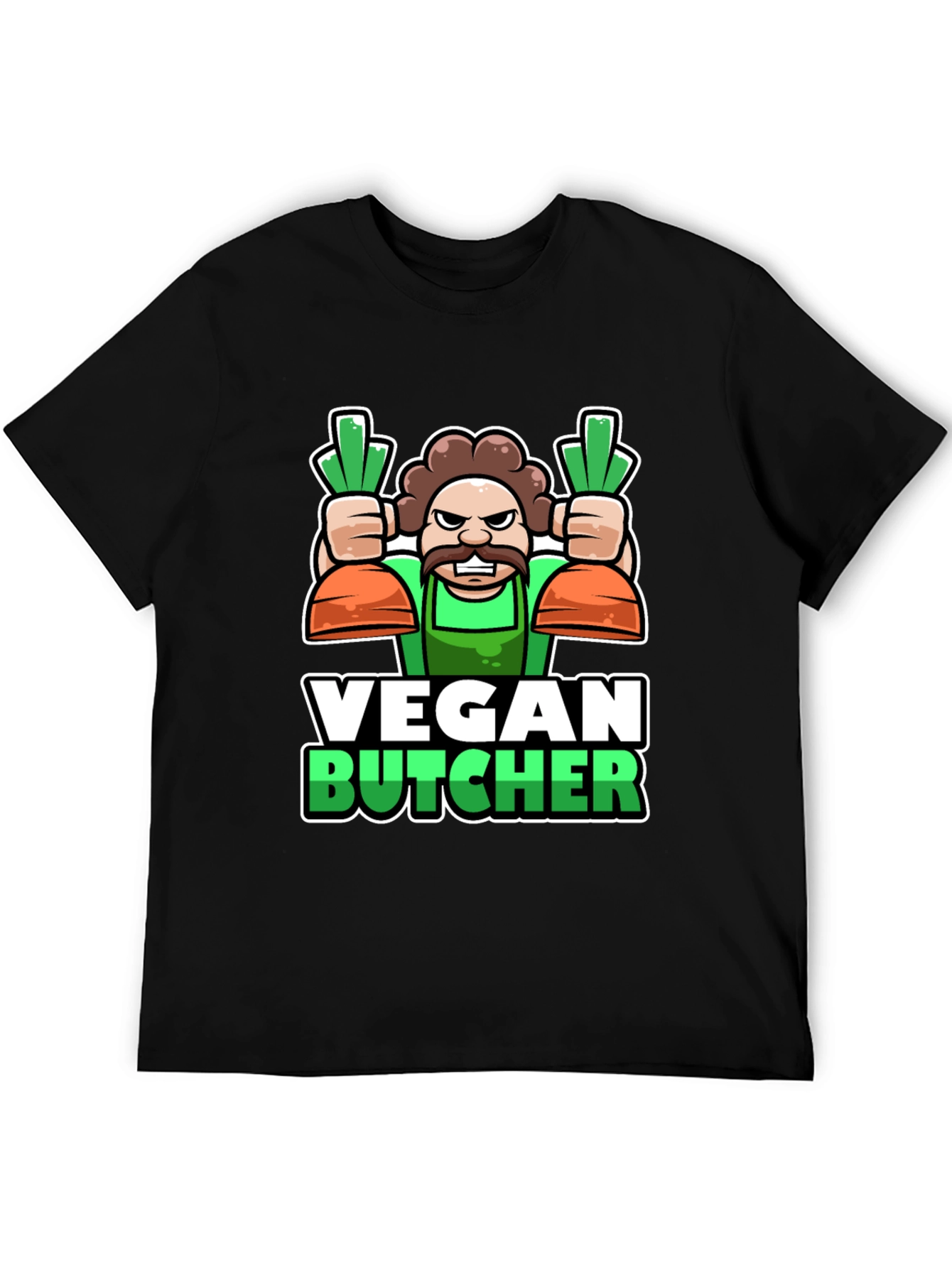 Black Vegan Butcher T-Shirt: Cartoon Carrot Design view 5