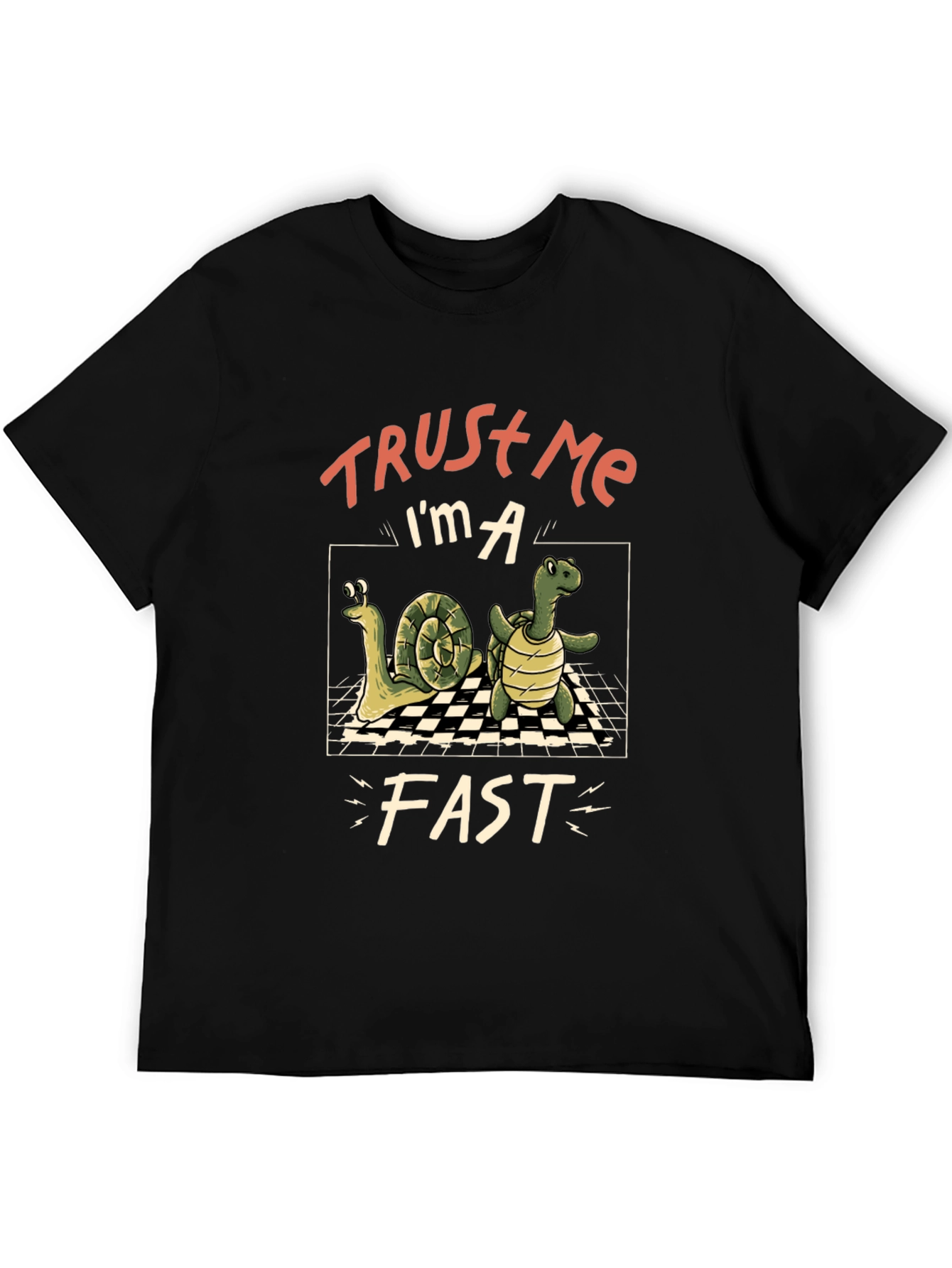 Black Funny Snail and Turtle Trust Me I'm A Fast T-Shirt view 5