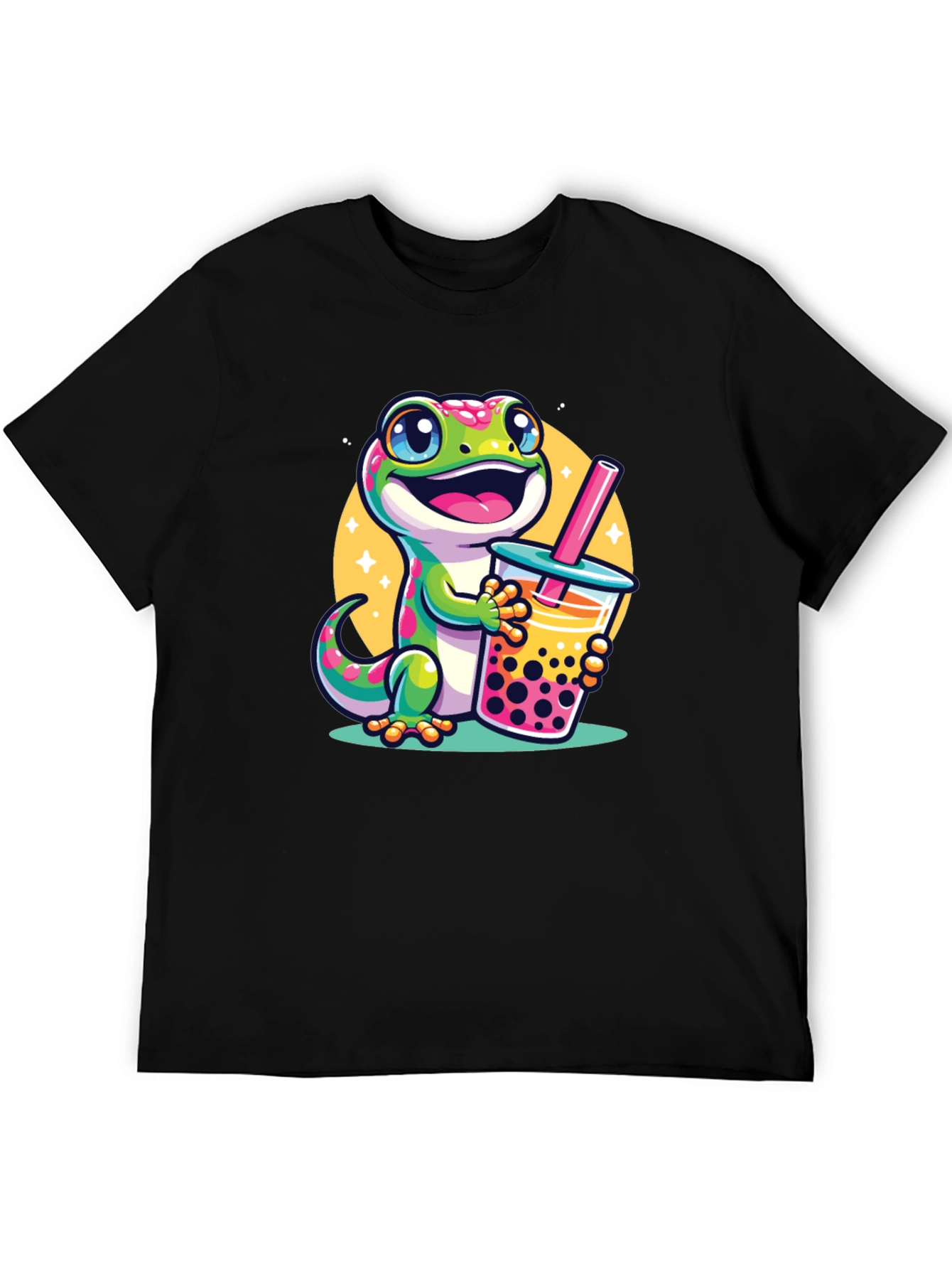 Black Cute Gecko Boba Tea Graphic T-Shirt view 5