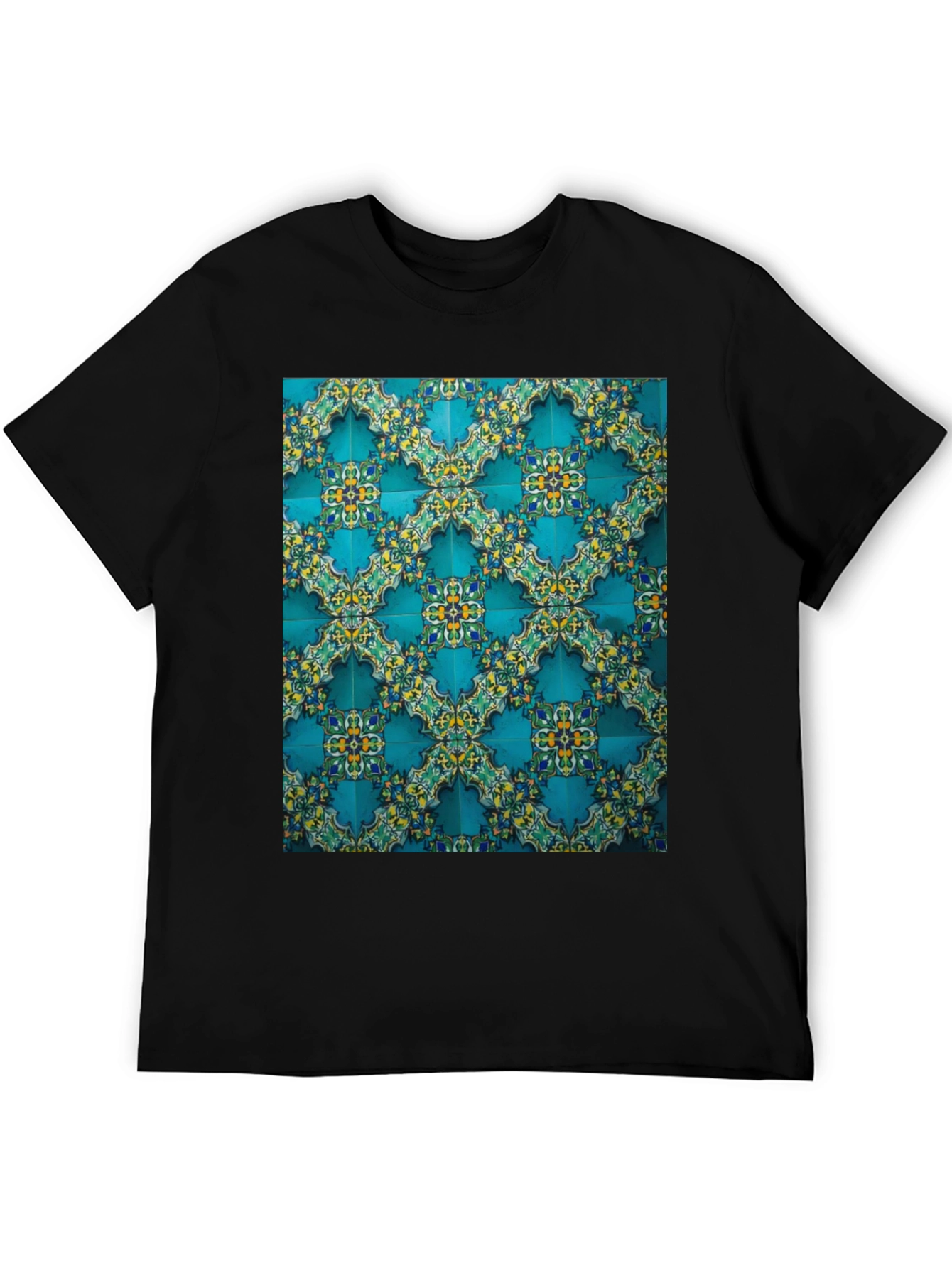 Black Patterned Tile Print Crew Neck Tee view 5