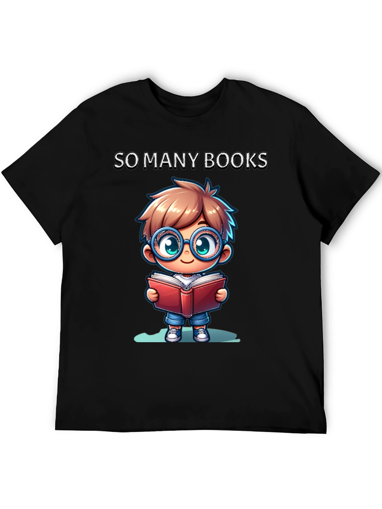 Black So Many Books T-Shirt: Cartoon Boy Reader view 5