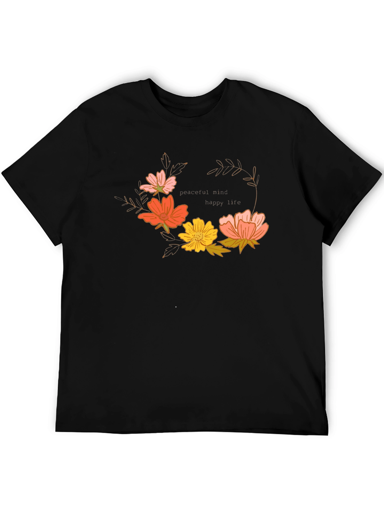 Floral Wreath Graphic T-Shirt - Peaceful Mind, Happy Life - 5