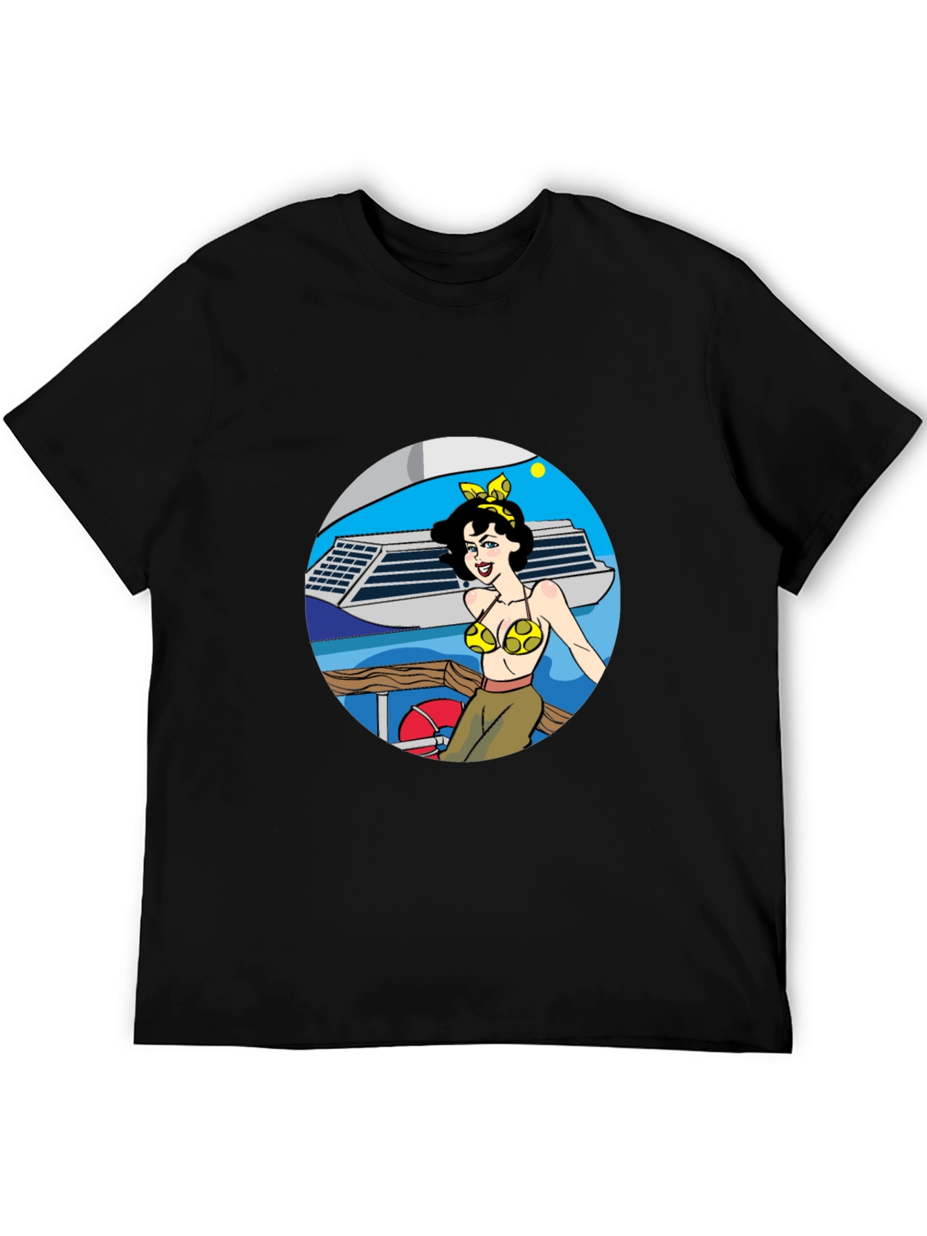 Black Cartoon Woman on Boat Graphic Tee - Black Cotton Blend view 5