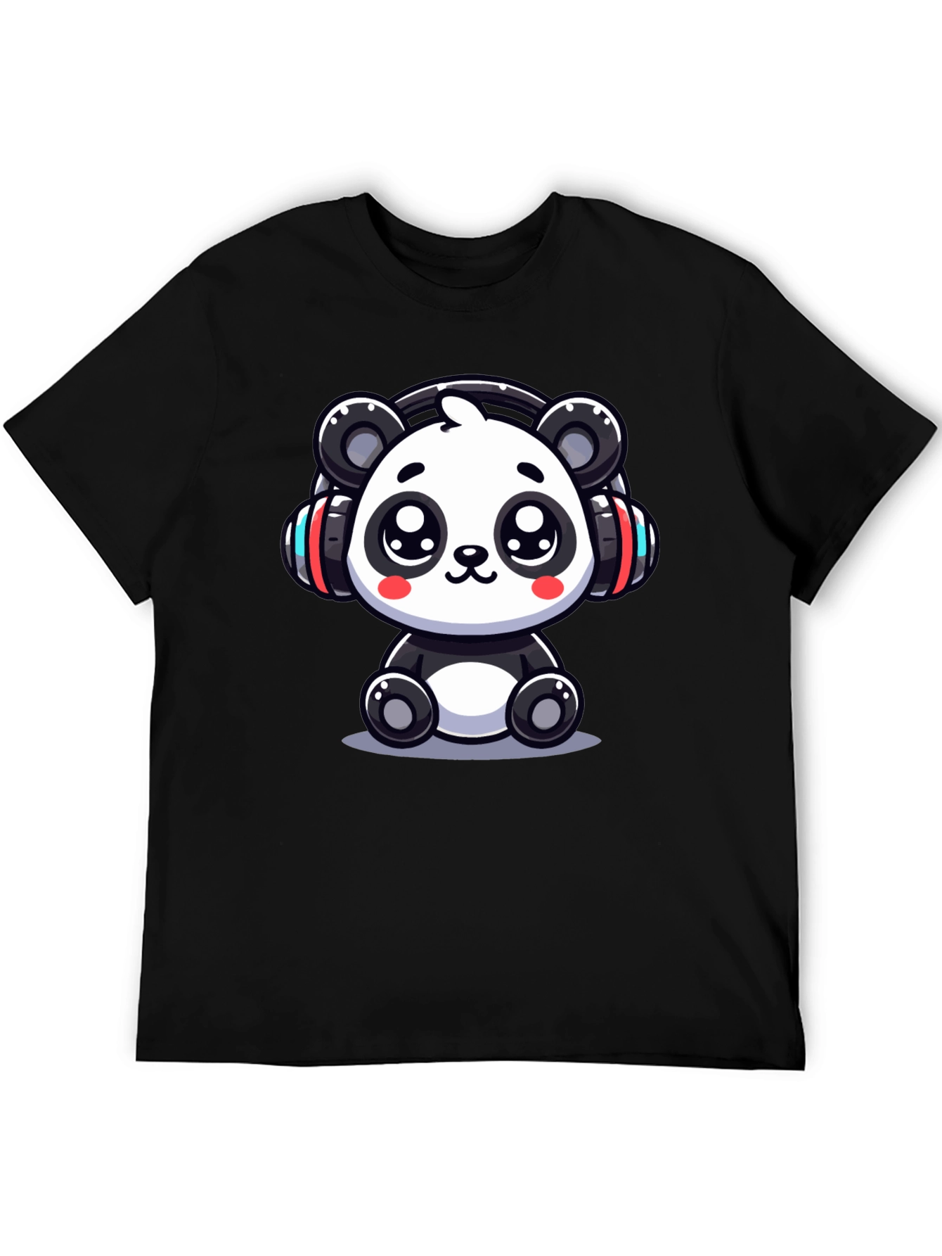 Black Cute Panda Headphones Black T-Shirt view 5