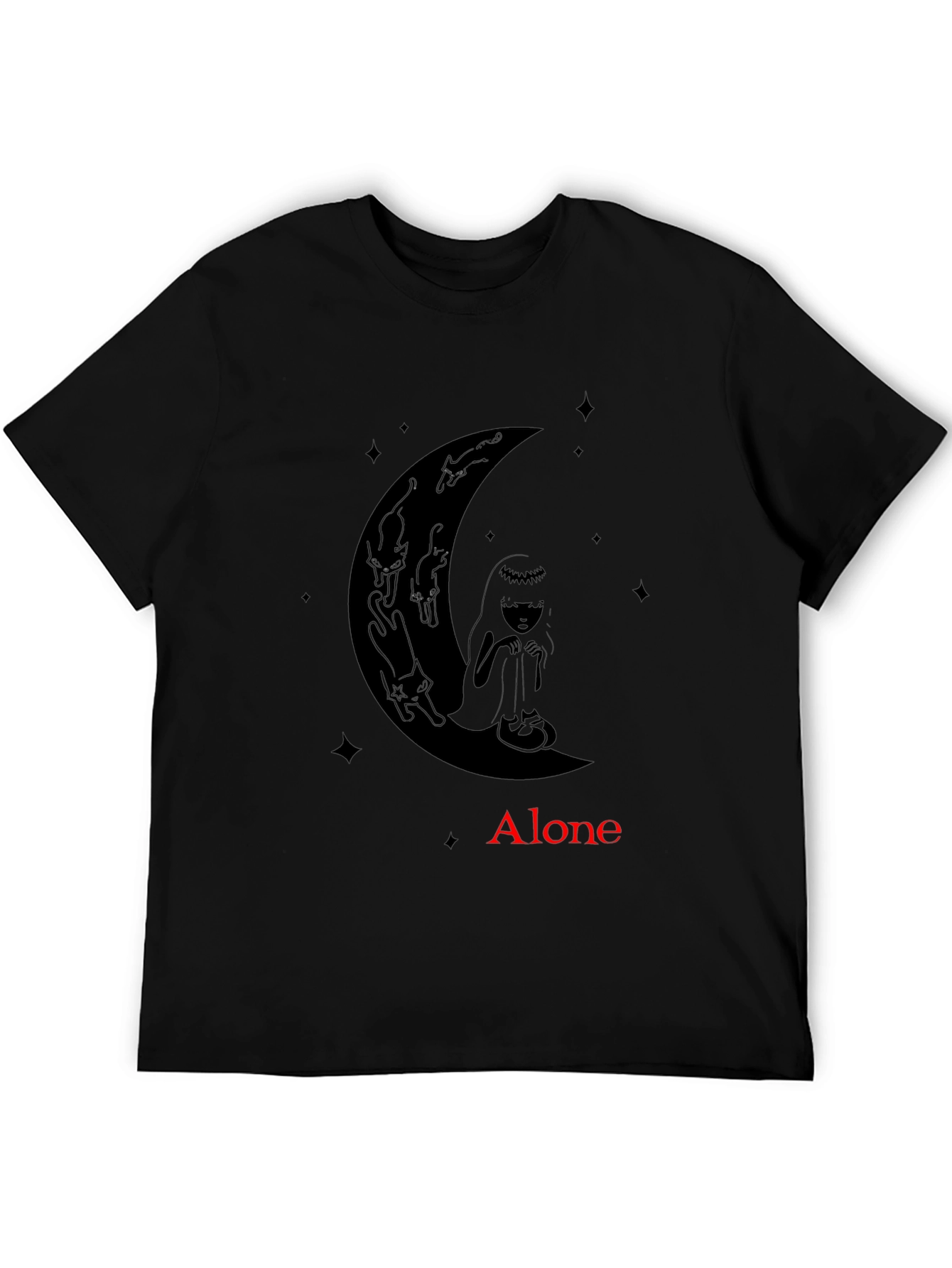 Black Alone Girl & Cats Moon Graphic Tee - Black view 5