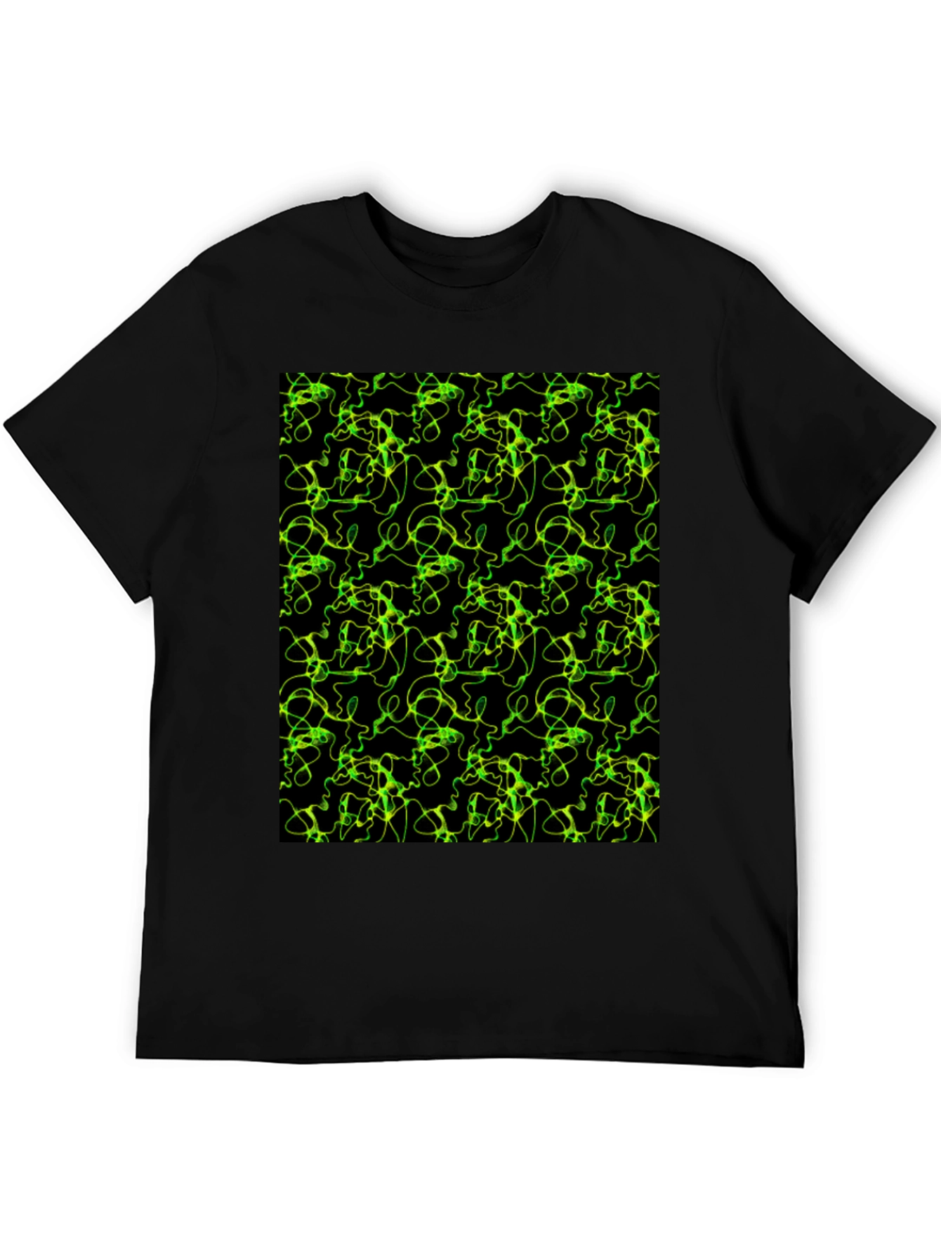 Black Abstract Green Line Pattern Black T-Shirt view 5