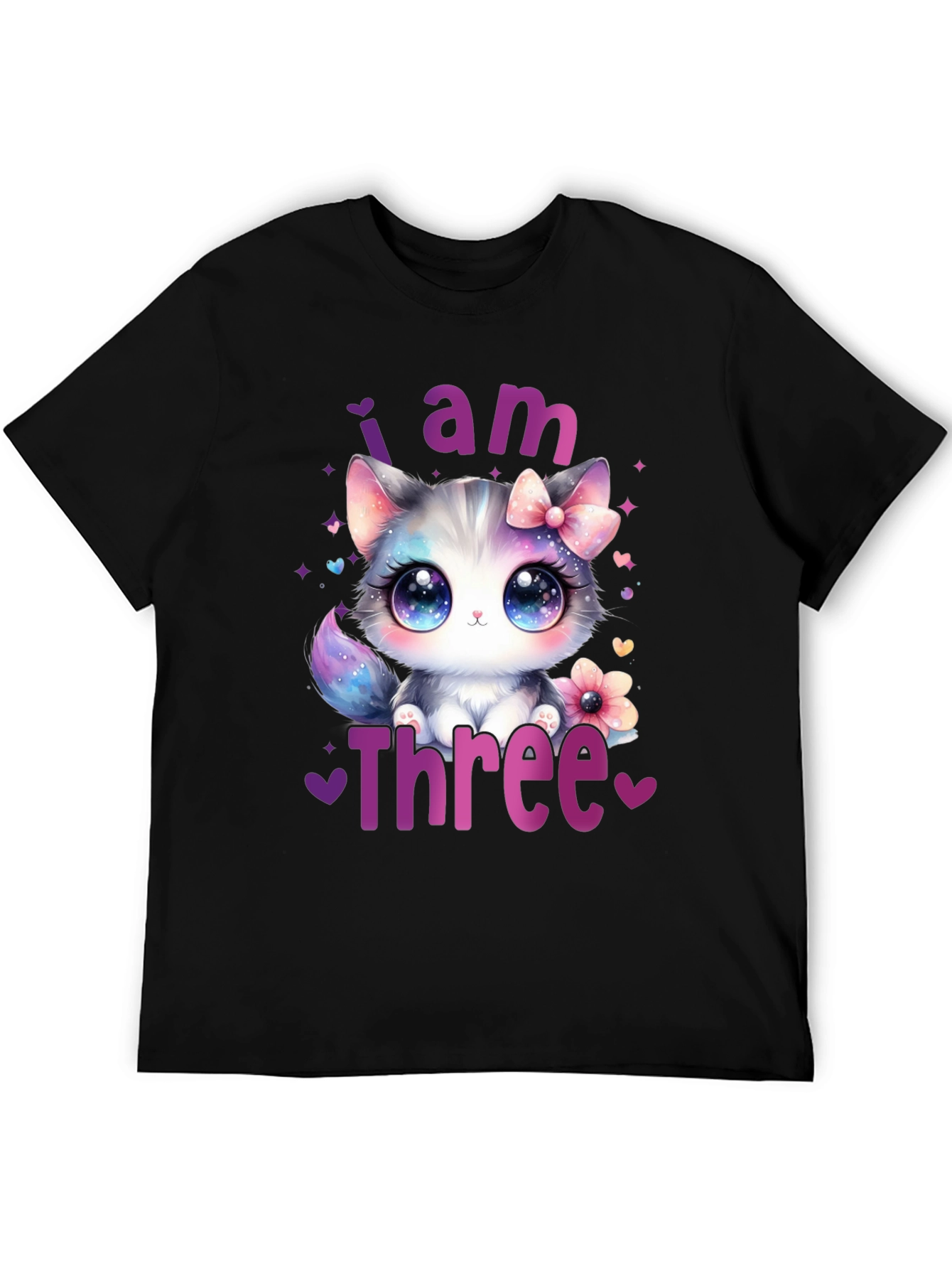Black I Am Three Birthday Cat T-Shirt view 5