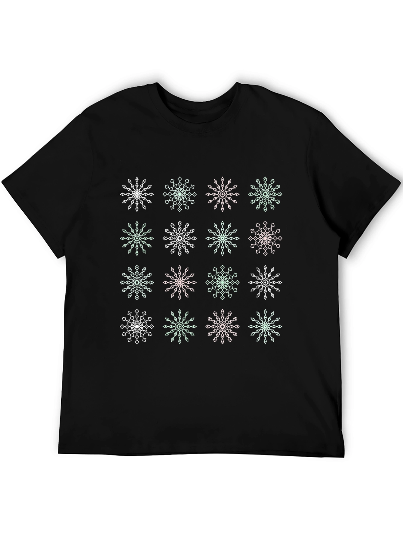 Black Snowflake Pattern Black Crew Neck T-Shirt view 5
