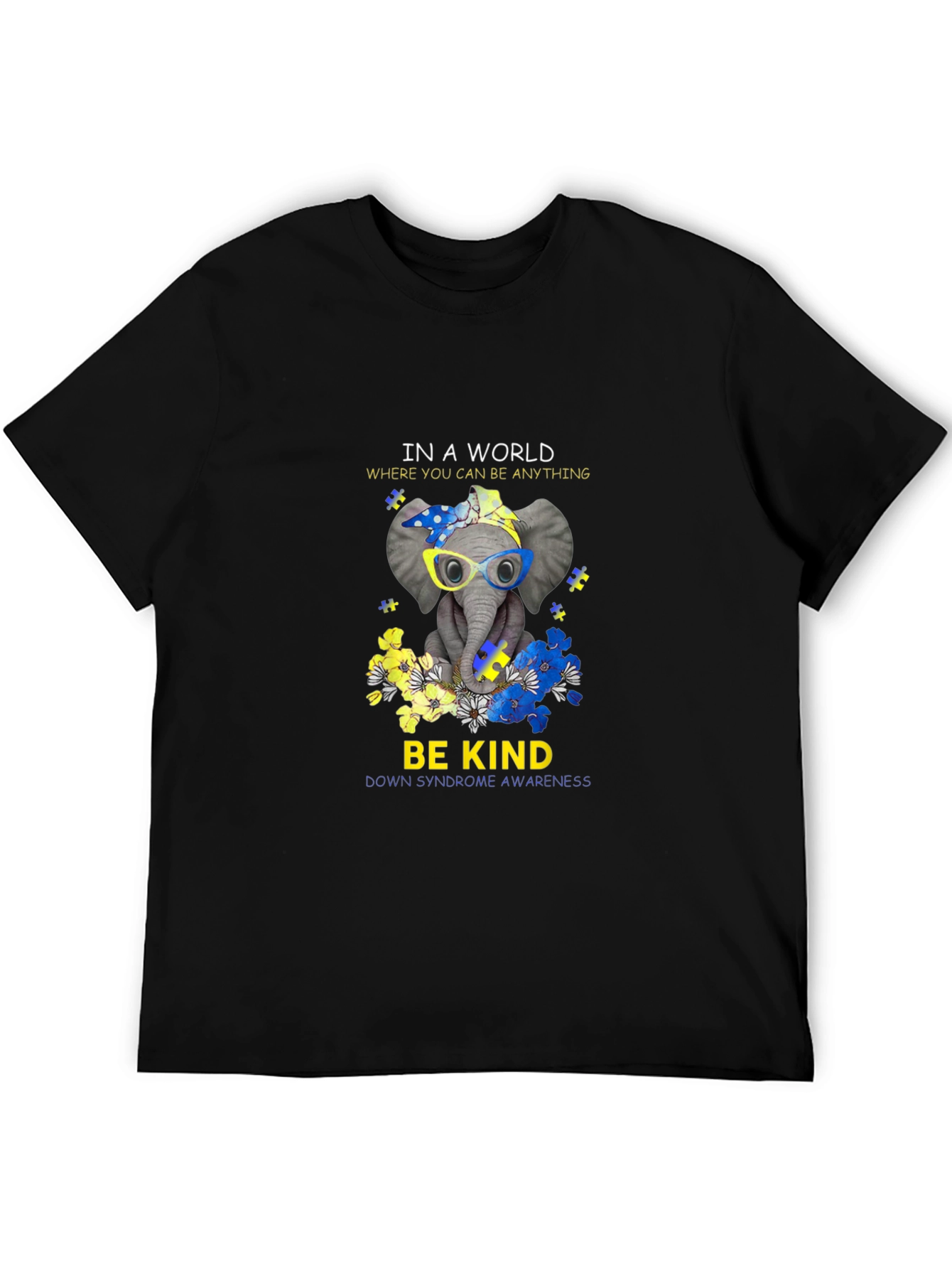 Black Be Kind Down Syndrome Awareness Elephant T-Shirt view 5