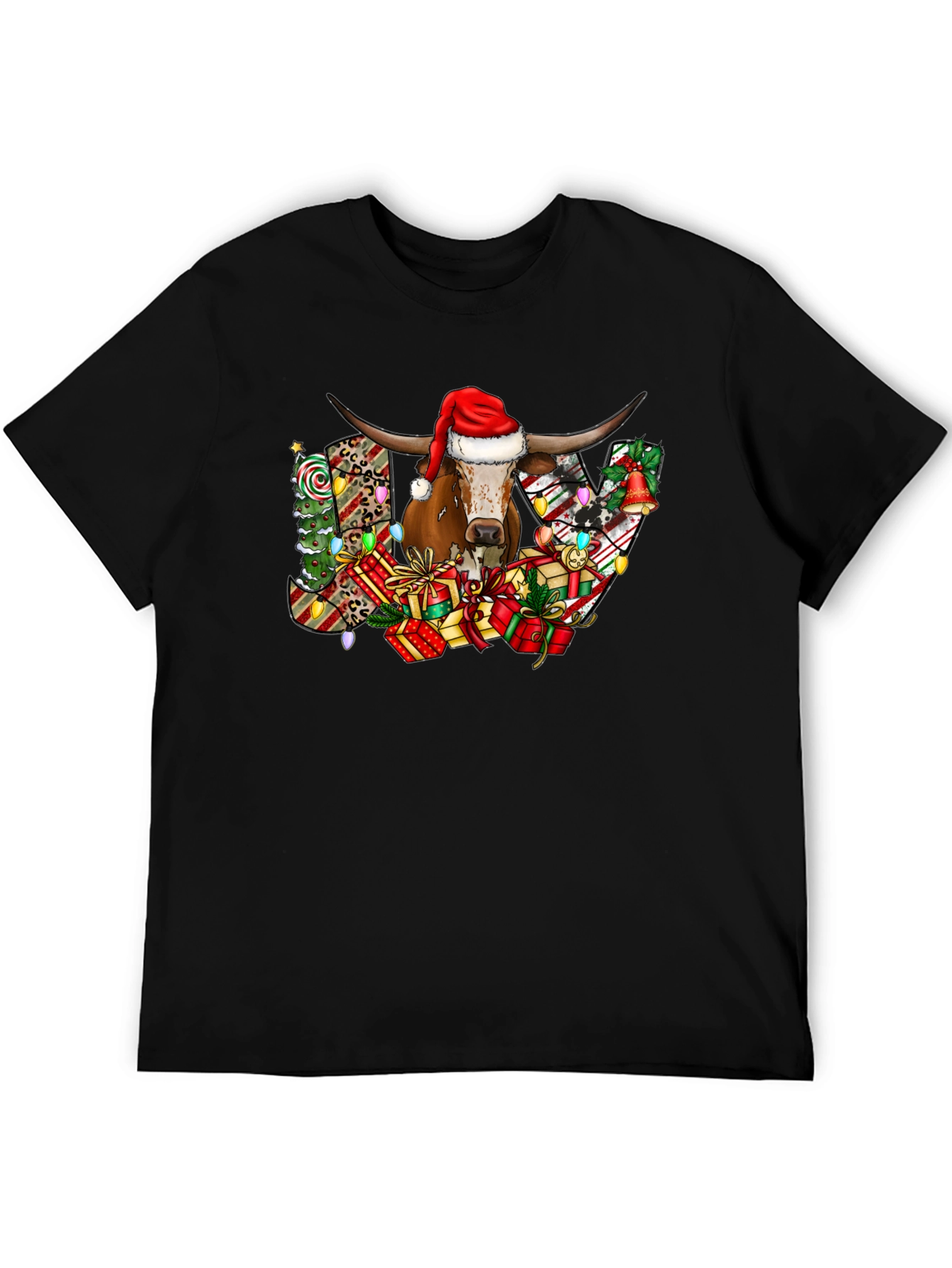 Black Festive Bull JOY Graphic Tee - Christmas Holiday Shirt view 5
