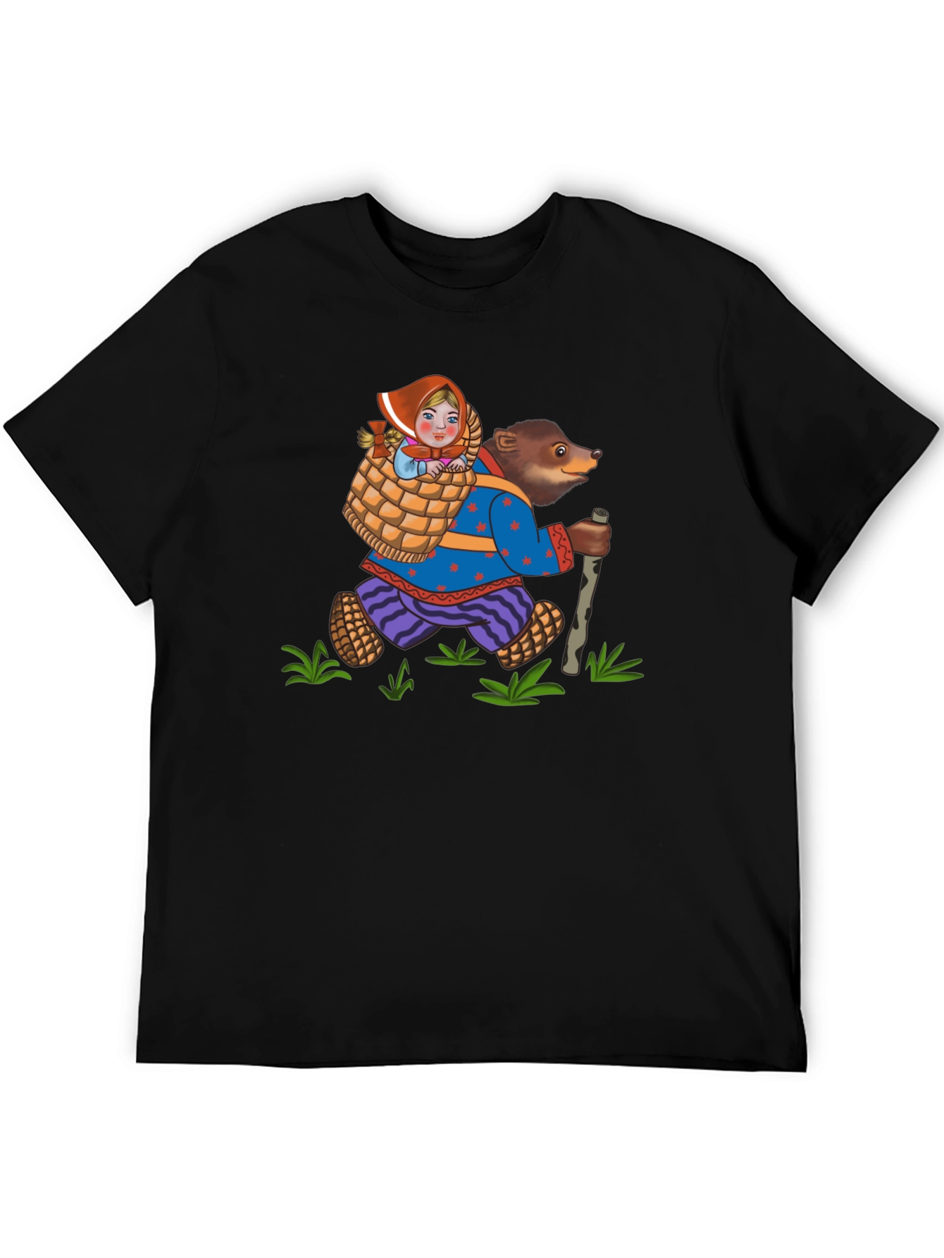 Black Bear and Girl Cartoon Black T-Shirt view 5