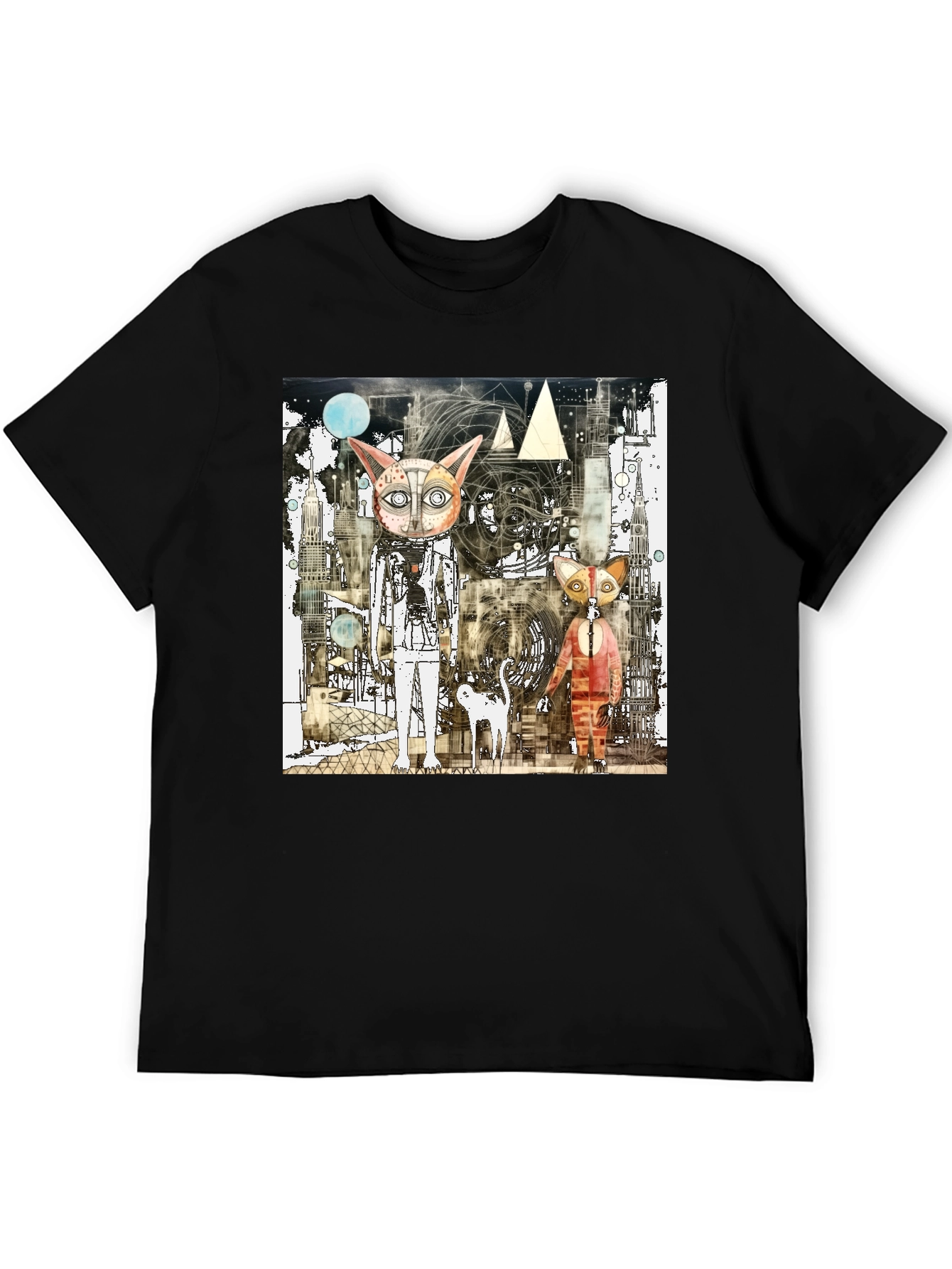 Black Abstract Cat Graphic Print Black T-Shirt view 5