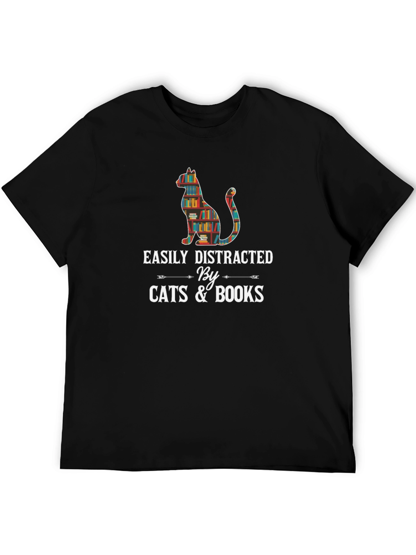 Black Easily Distracted By Cats & Books T-Shirt view 5
