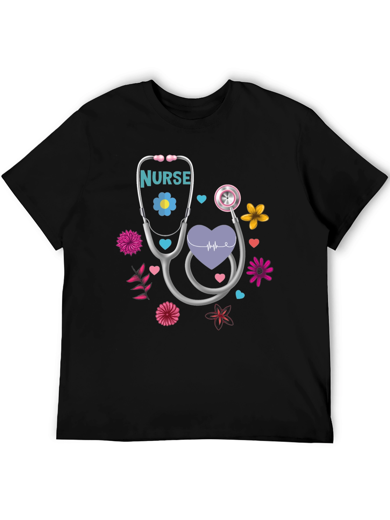 Black Nurse Stethoscope Floral Heart T-Shirt view 5