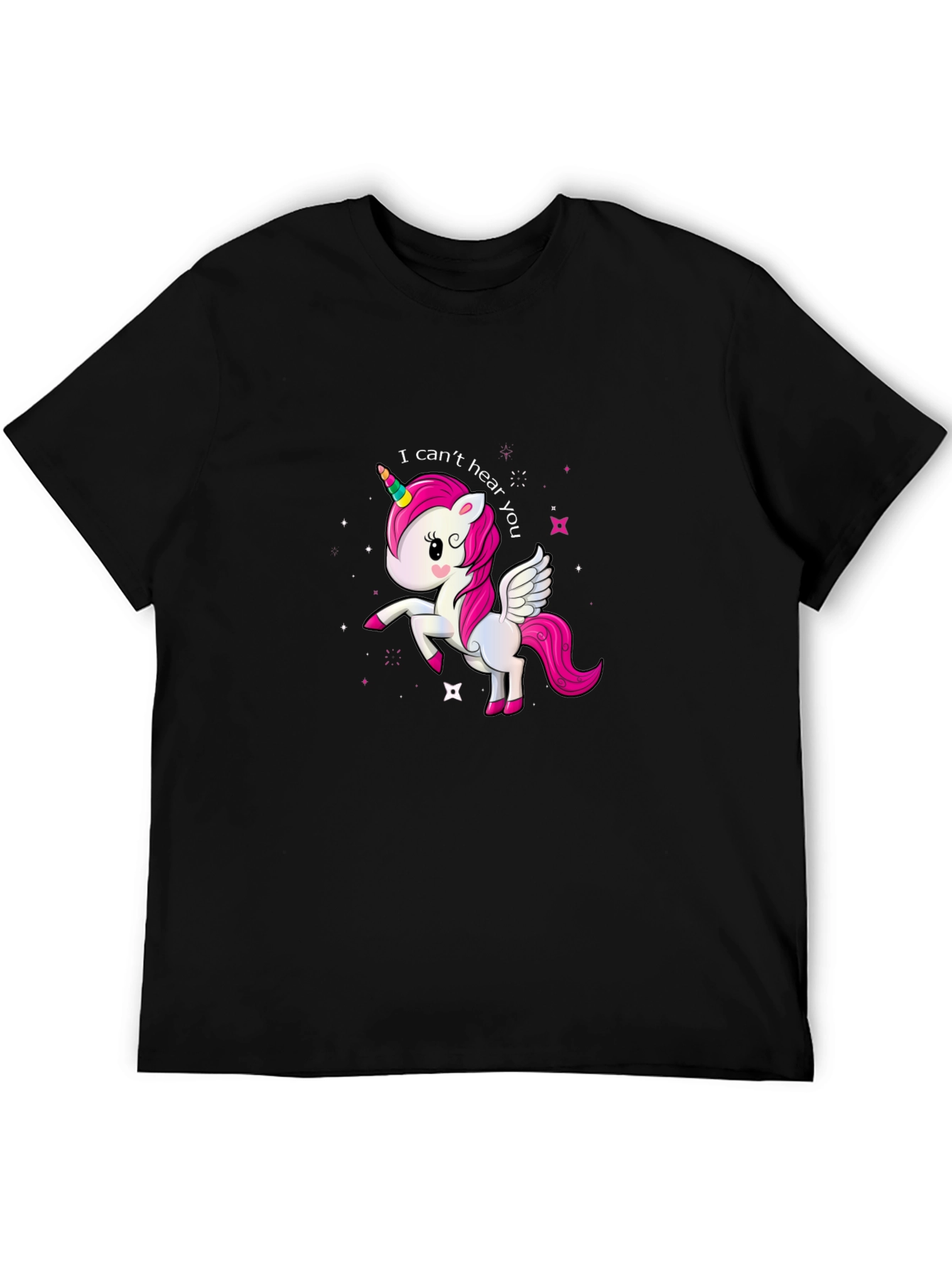 Black Cute Unicorn 'I Can't Hear You' Black T-Shirt view 5