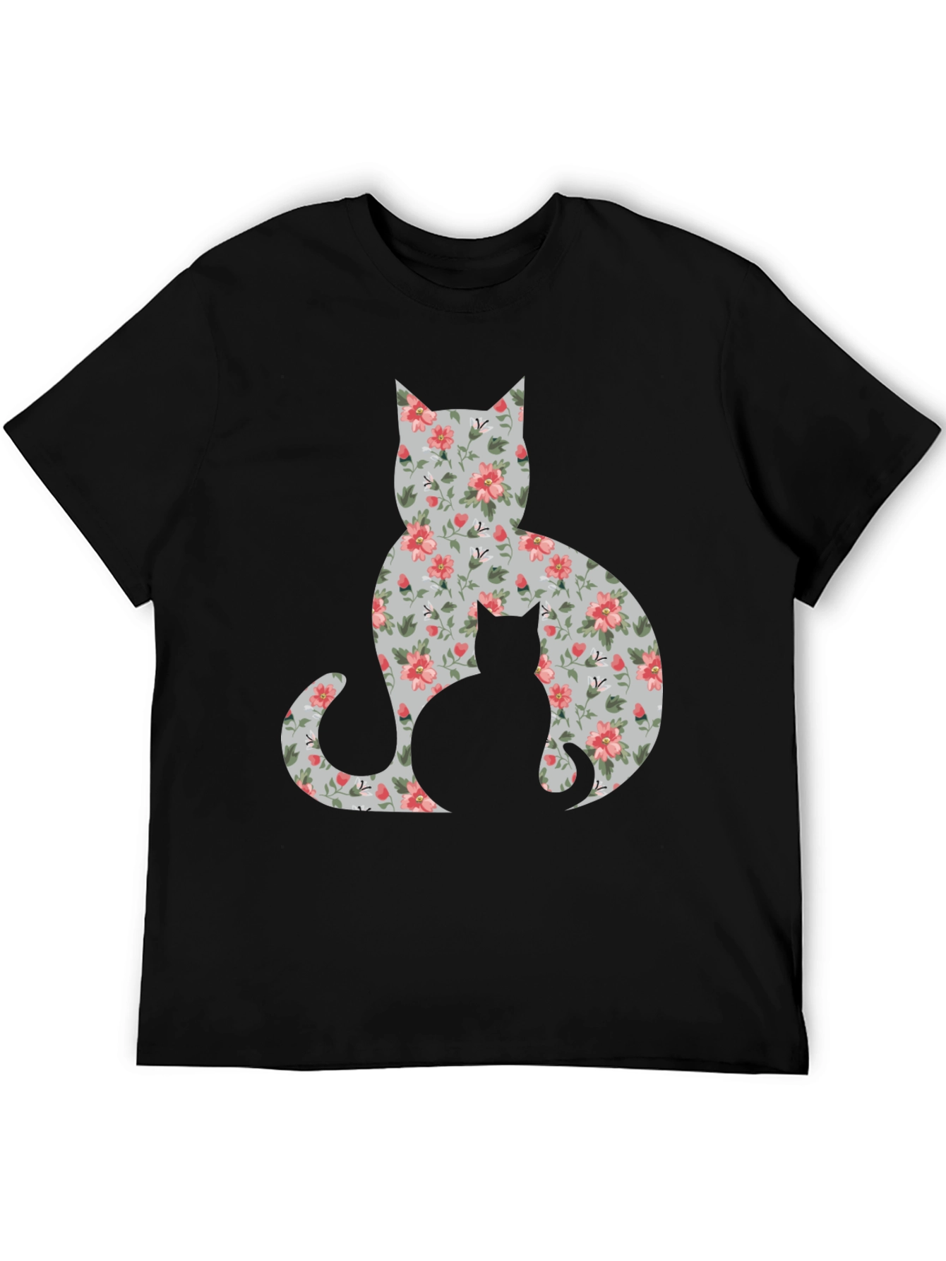 Black Floral Cat Silhouette T-Shirt - Stylish Tee view 5