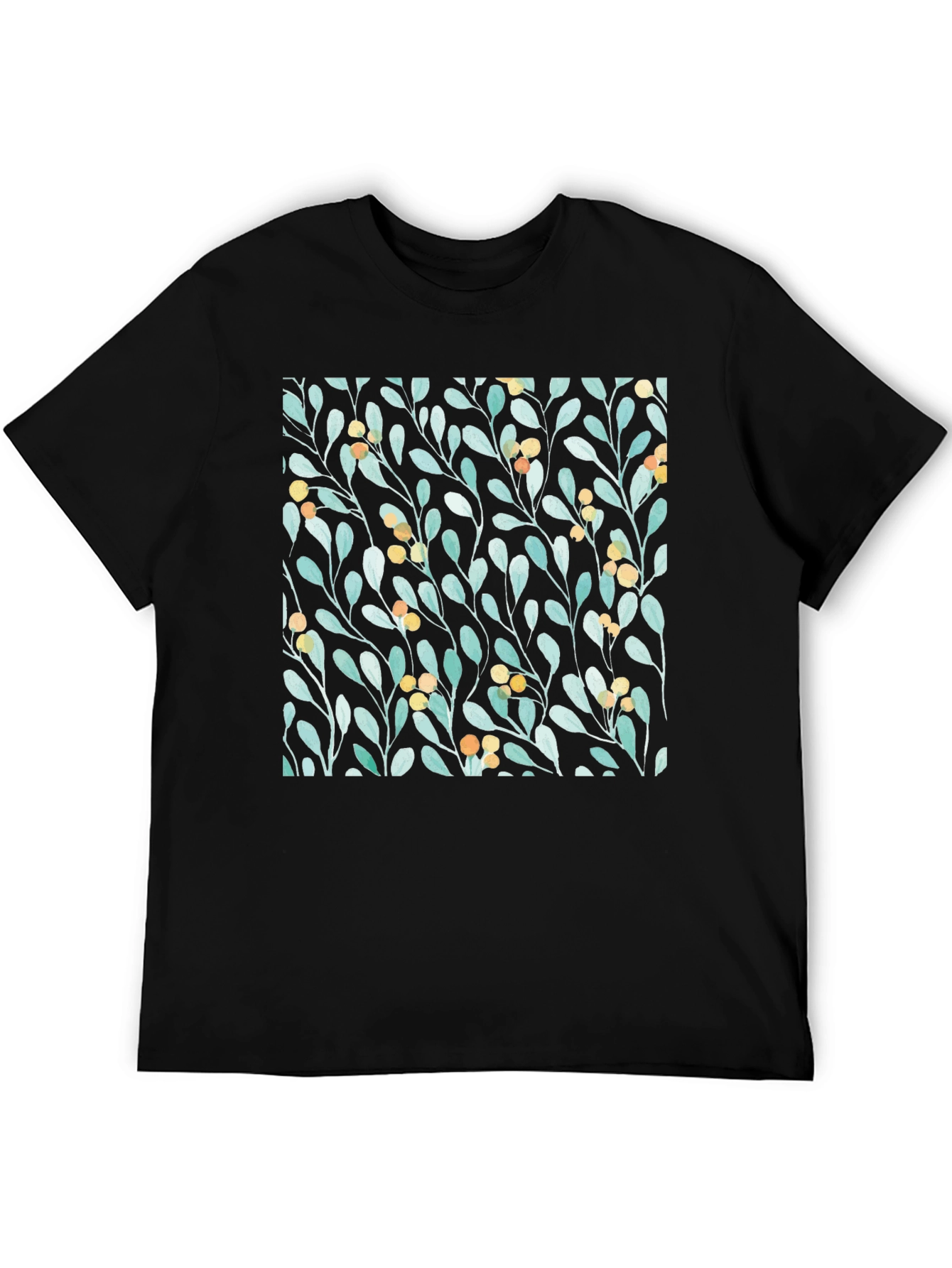 Black Botanical Leaves & Berries Black T-Shirt view 5