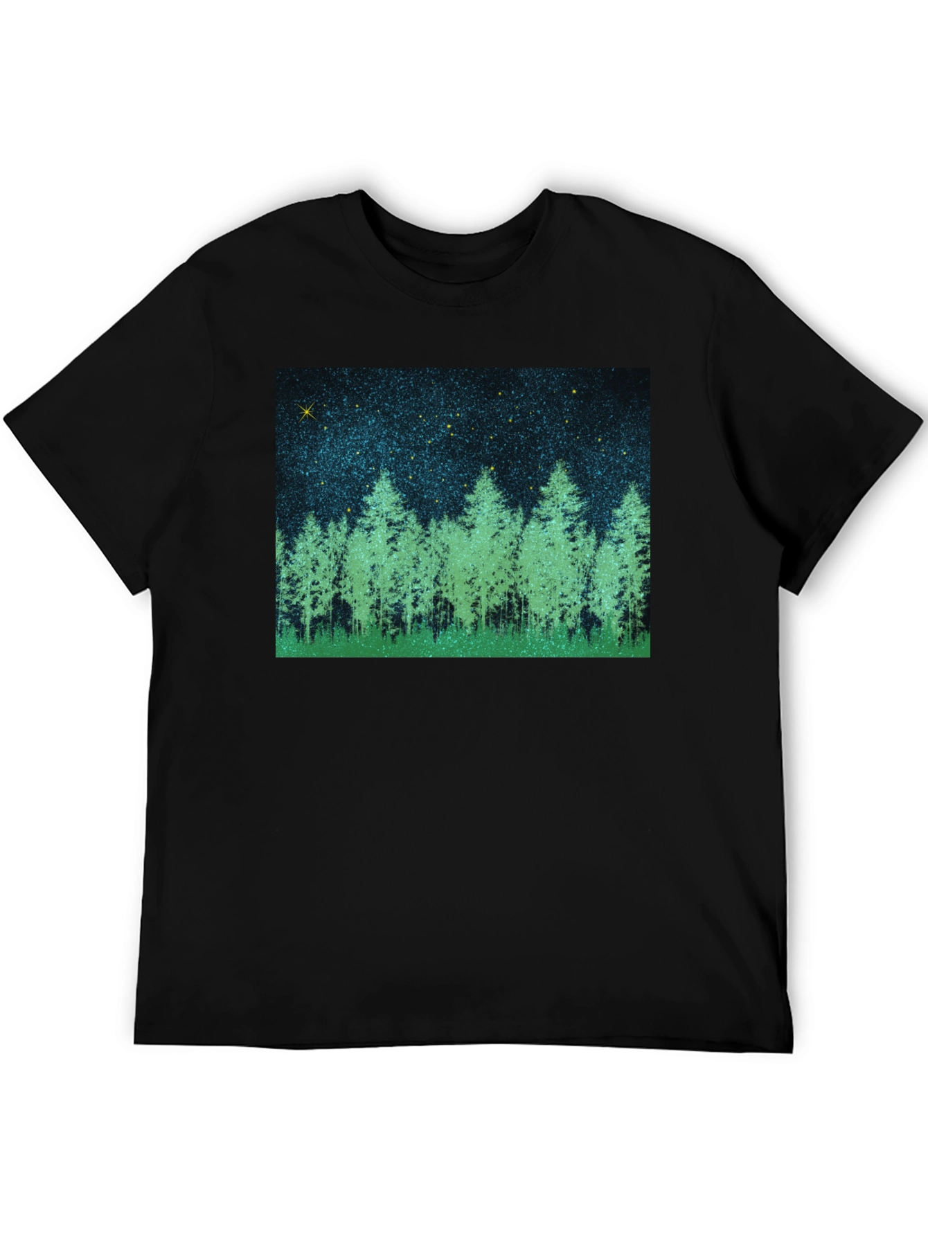 Black Starry Forest Graphic Tee - Black Cotton Blend T-Shirt view 5