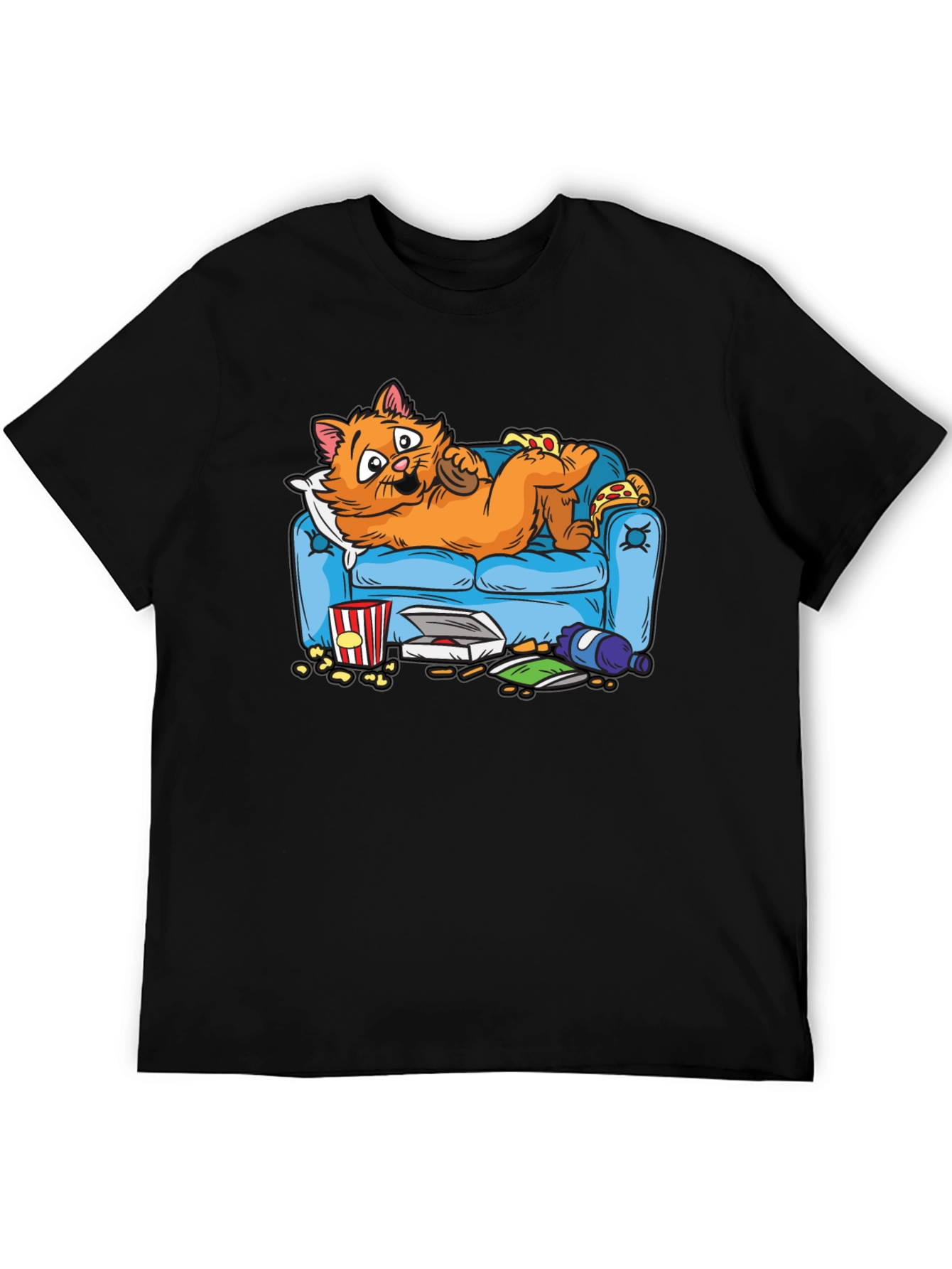 Black Funny Cat on Couch Men's T-Shirt - Pizza & Snacks! view 5