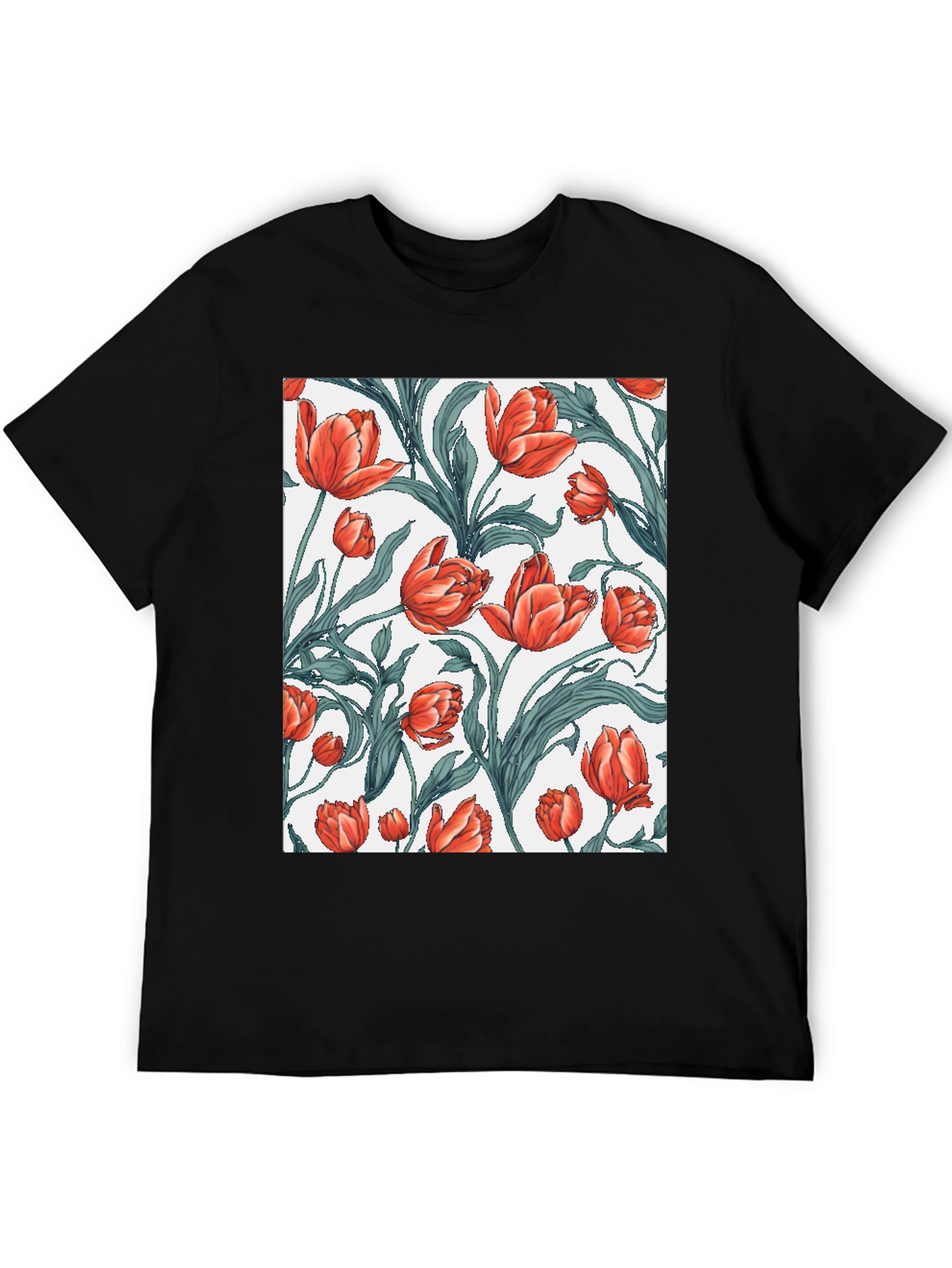 Black Floral Tulip Print Black T-Shirt view 5