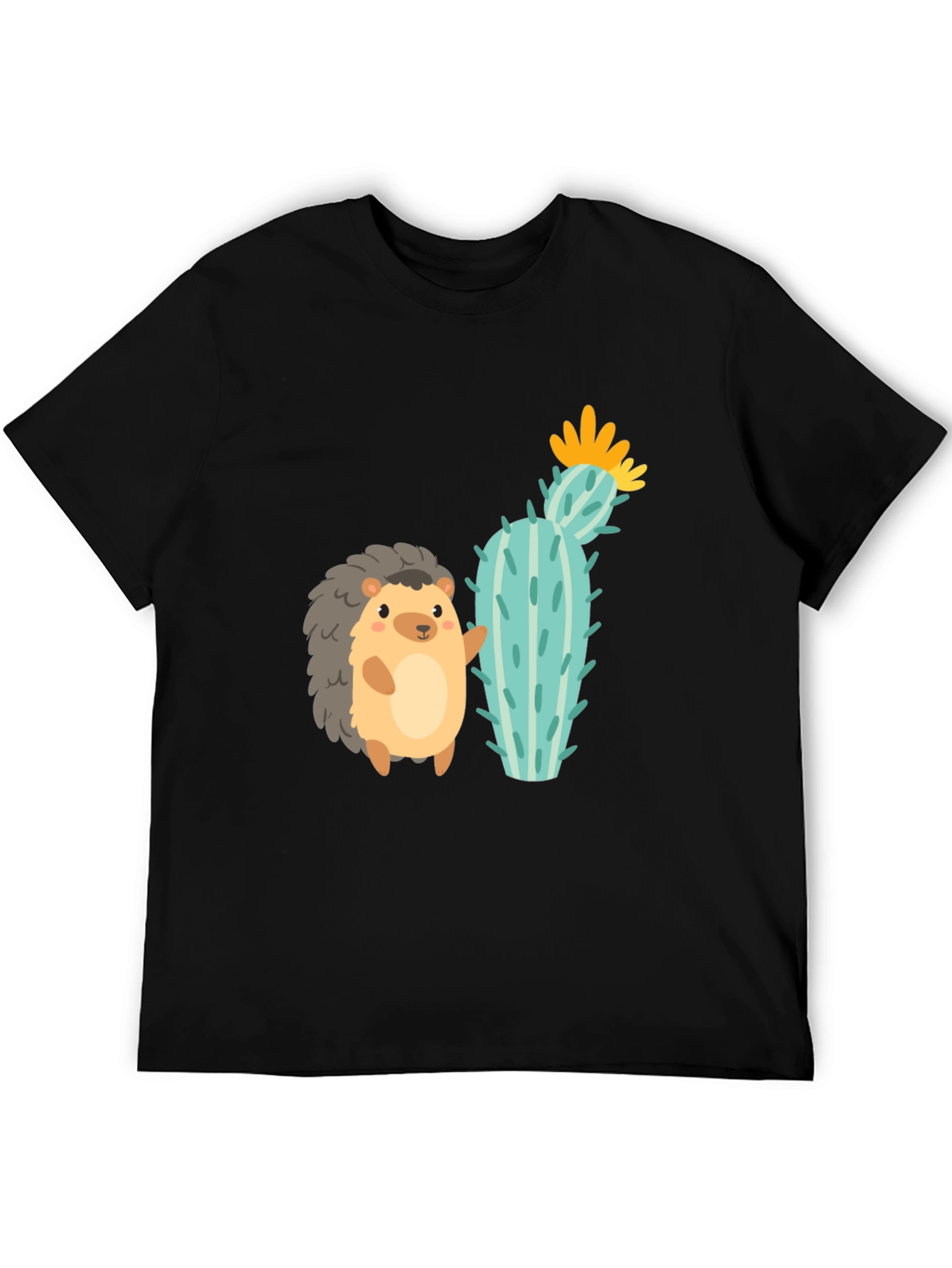 Black Cute Hedgehog & Cactus Graphic Tee - Unisex Black T-Shirt view 5