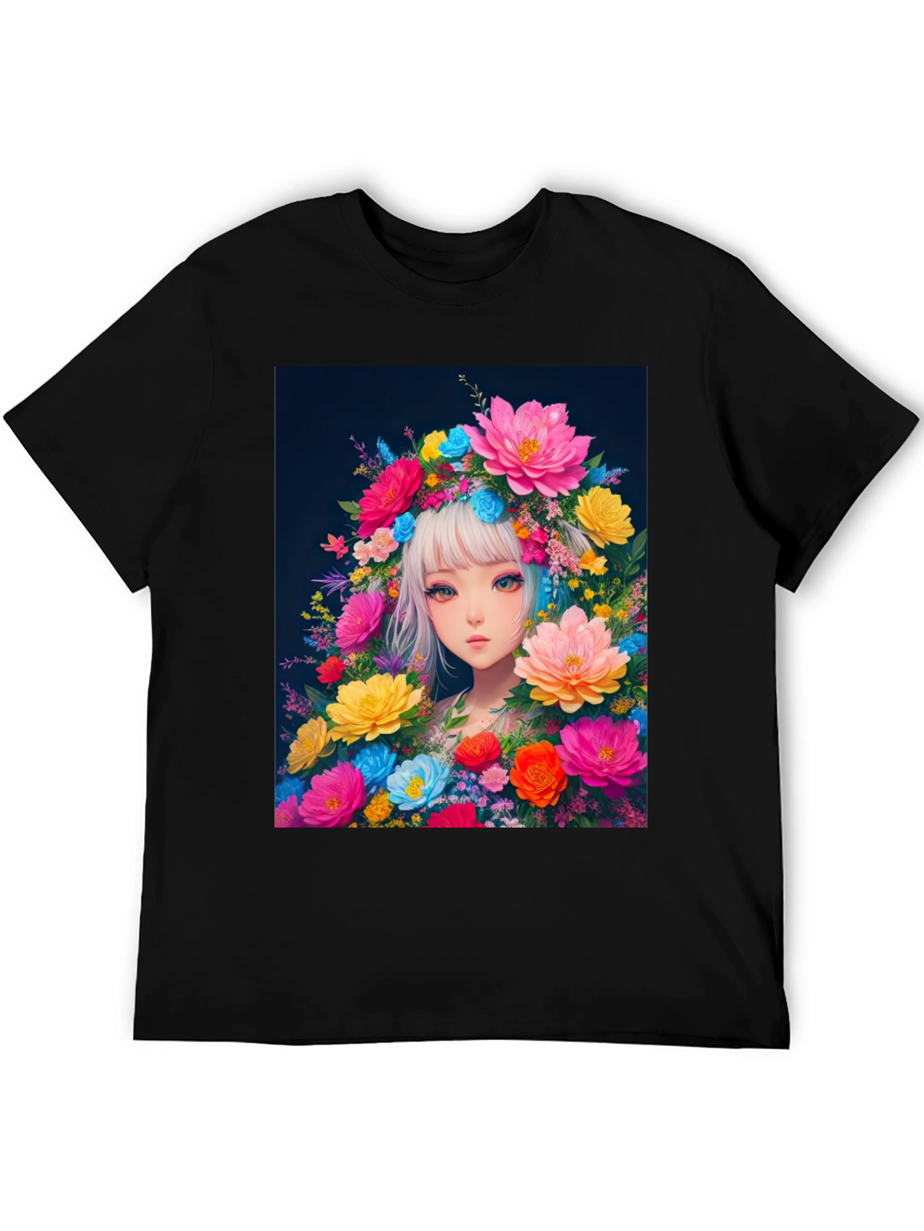Black Floral Anime Girl Graphic Tee - Black Cotton T-Shirt view 5