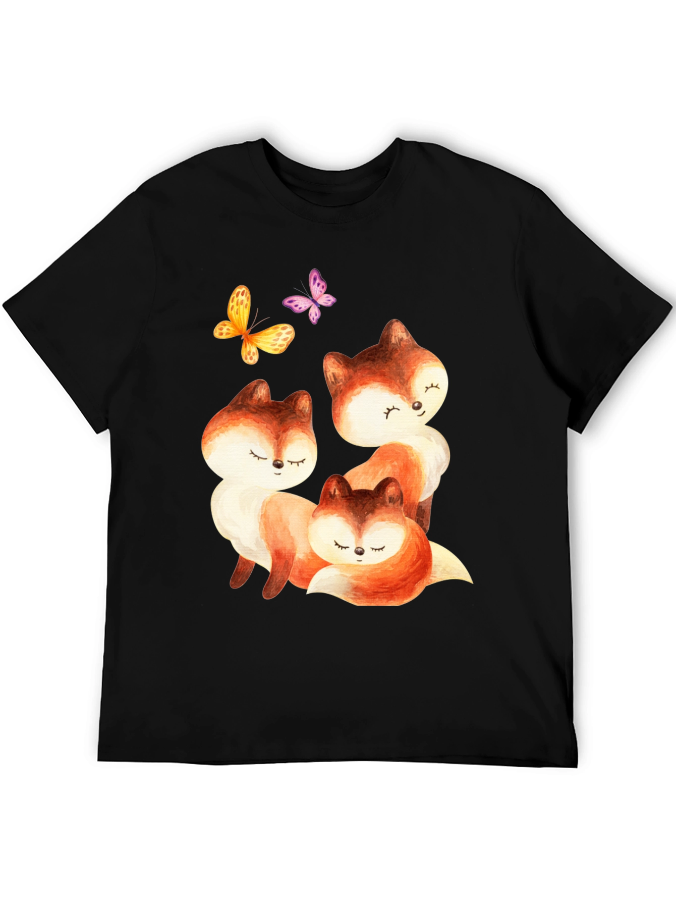Black Cute Fox & Butterfly Graphic Tee view 5