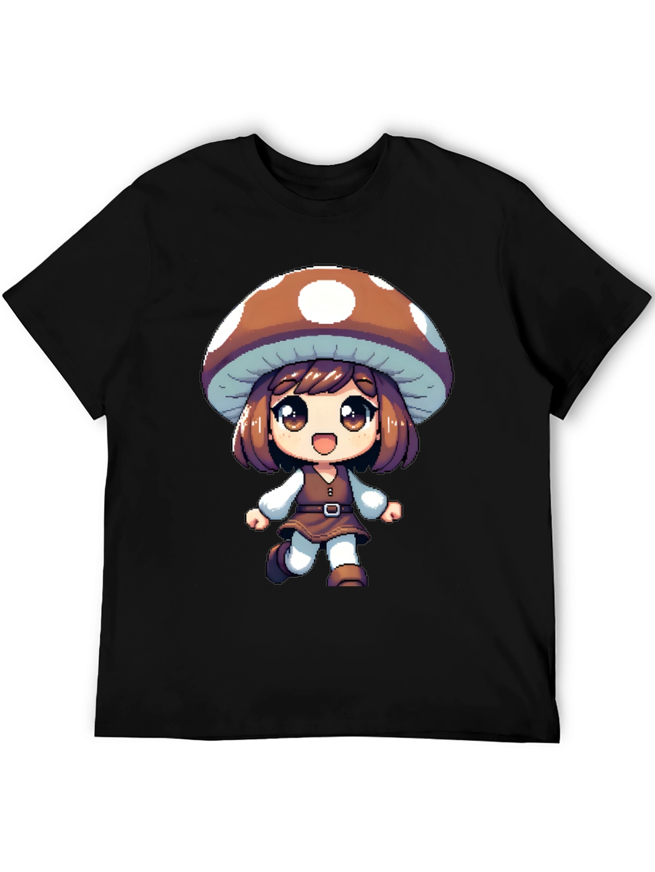 Black Mushroom Girl Black T-Shirt Anime Pixel Art view 5